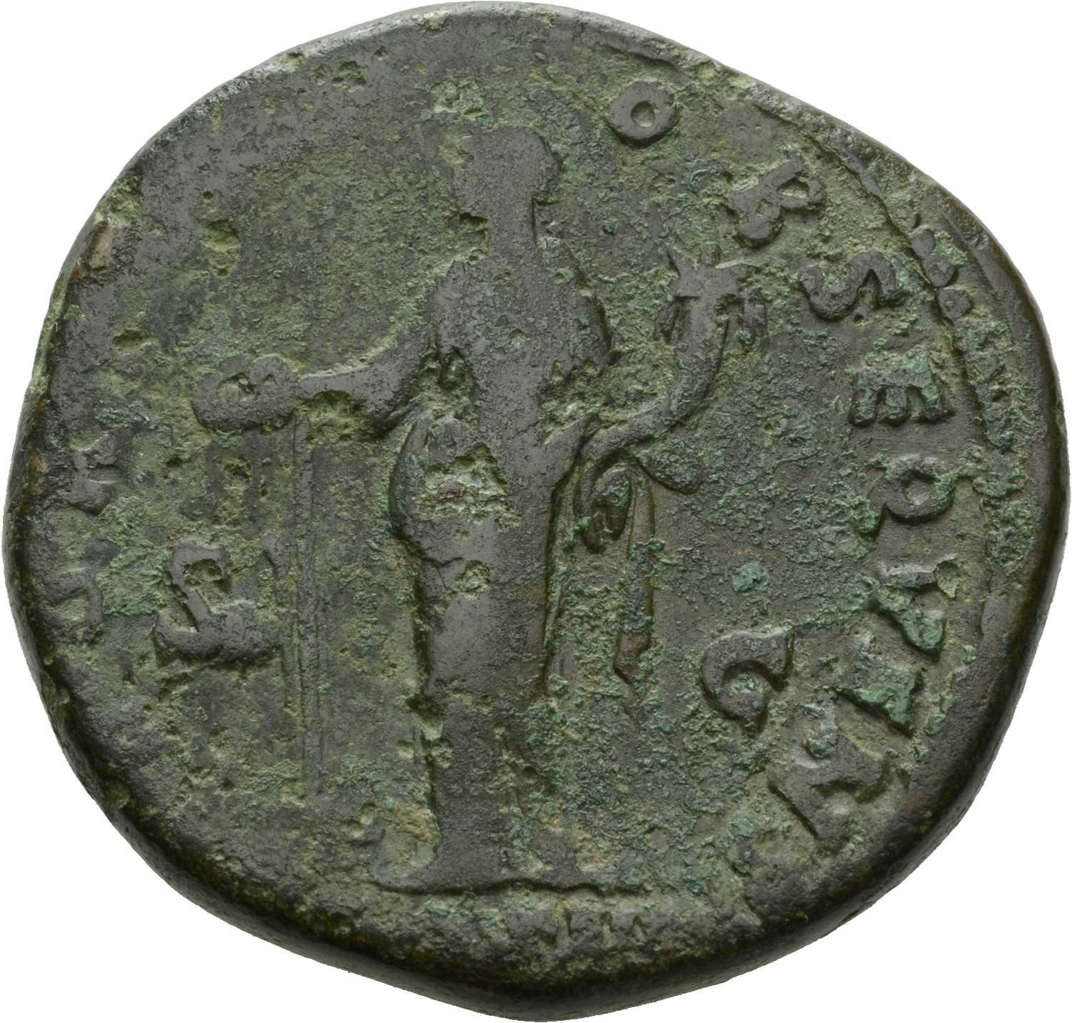 Antoninus Pius reverse — Fortuna, standing left, holding rudder in right hand and cornucopiae in left
