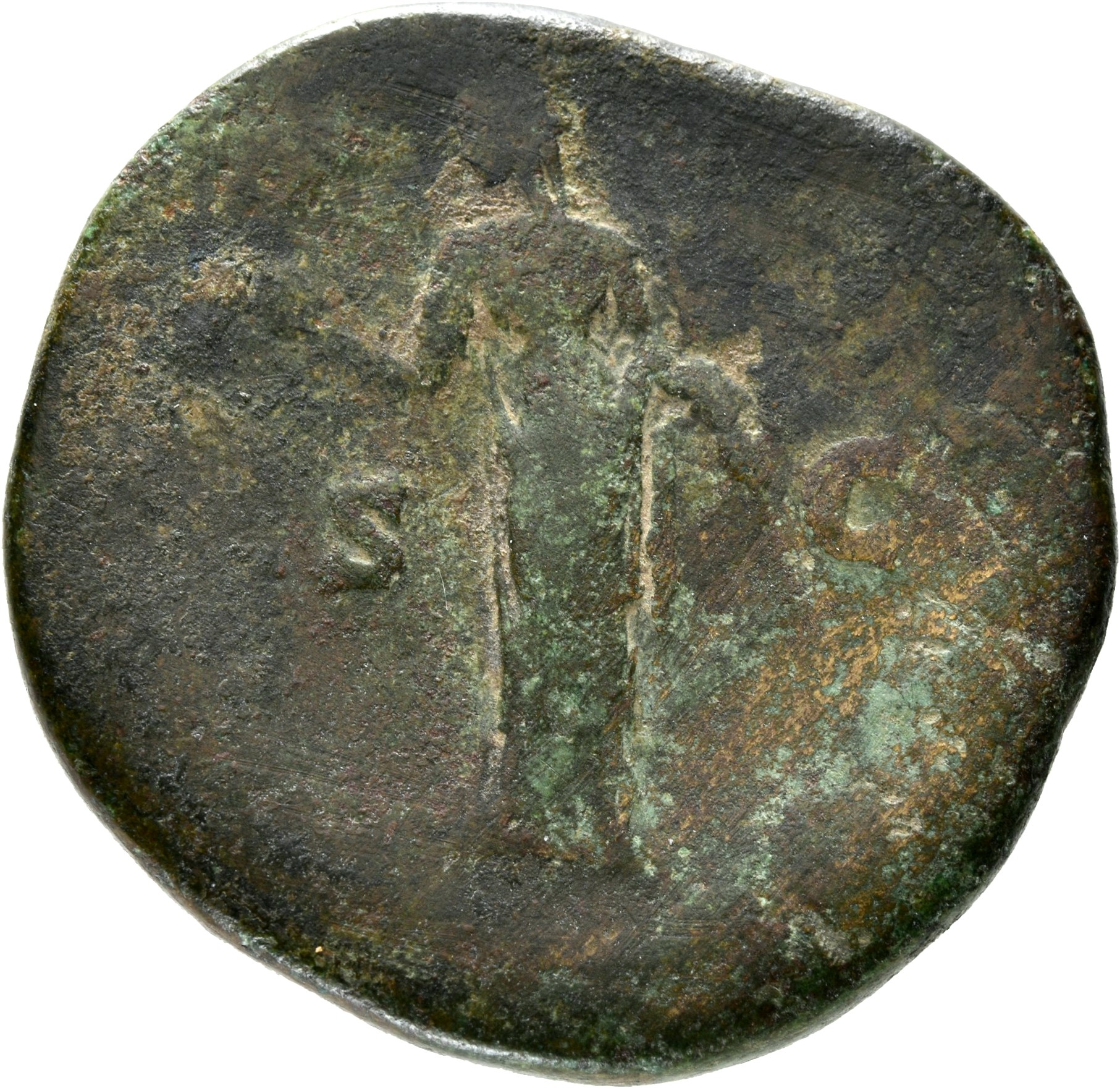 RIC III Antoninus Pius 1002 Antoninus Pius reverse, Pietas, draped, standing left, holding globe on extended right hand an...