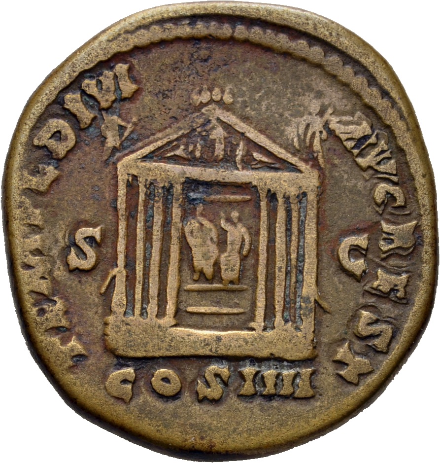 RIC III Antoninus Pius 1003A Antoninus Pius reverse, Octastyle temple, in which are seated figures of Divus Augustus and L...
