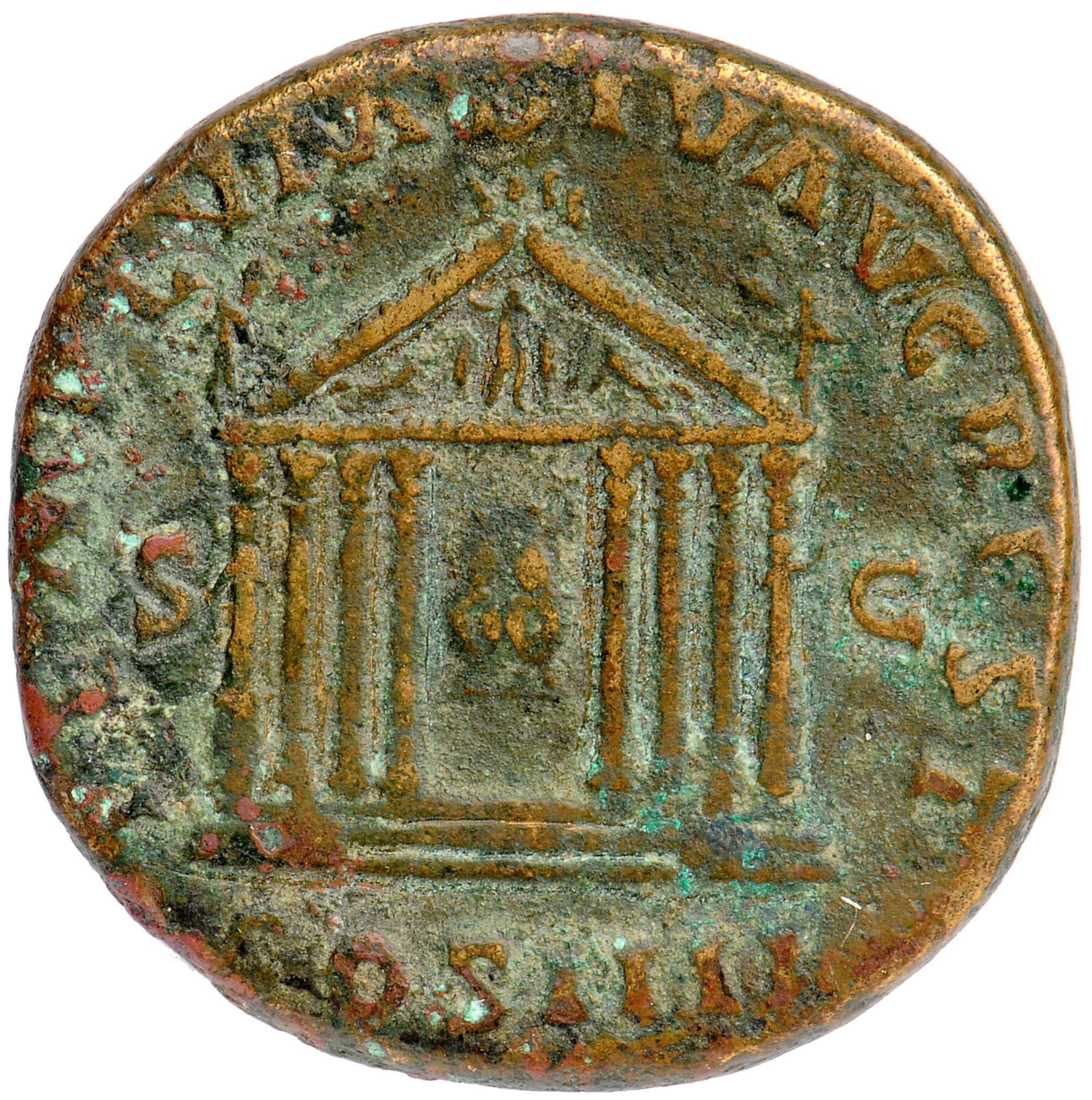 RIC III Antoninus Pius 1004 Antoninus Pius reverse, Octastyle temple, in which are seated figures of Divus Augustus and Livia
