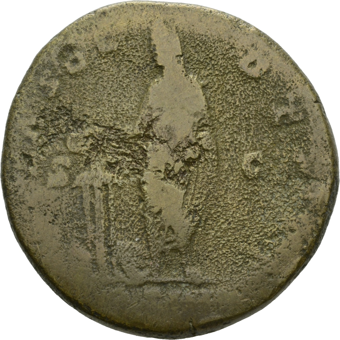 Antoninus Pius reverse — Antoninus Pius, standing left, sacrificing with patera over tripod, left arm at side; by altar, bull reclining