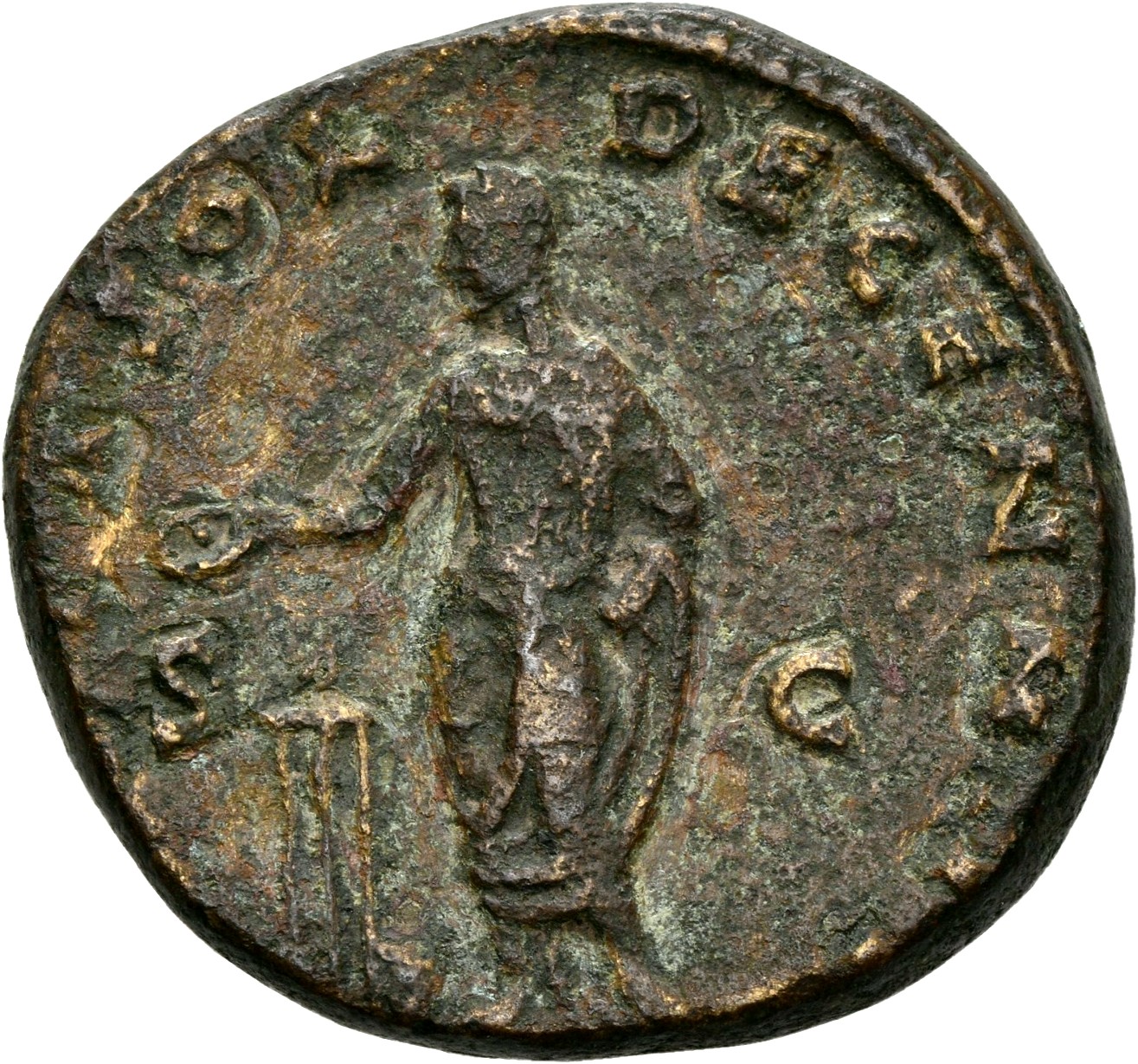 RIC III Antoninus Pius 1009 Antoninus Pius reverse, Antoninus Pius, standing left, sacrificing with patera over tripod, le...