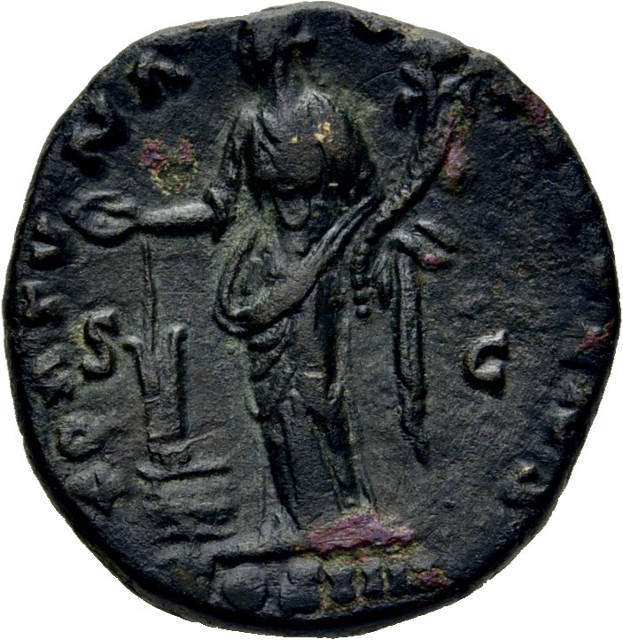 RIC III Antoninus Pius 1015 Antoninus Pius reverse, Fortuna, draped, standing left, holding rudder on prow and cornucopiae