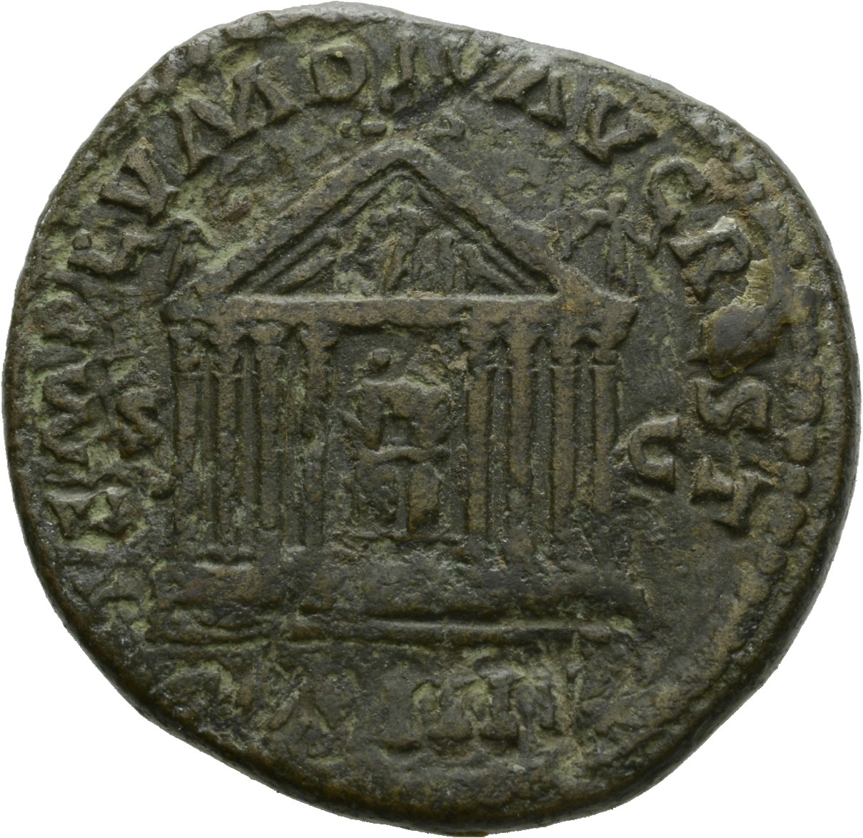 RIC III Antoninus Pius 1017 Antoninus Pius reverse, Octastyle temple, in which are seated figures of Divus Augustus and Livia