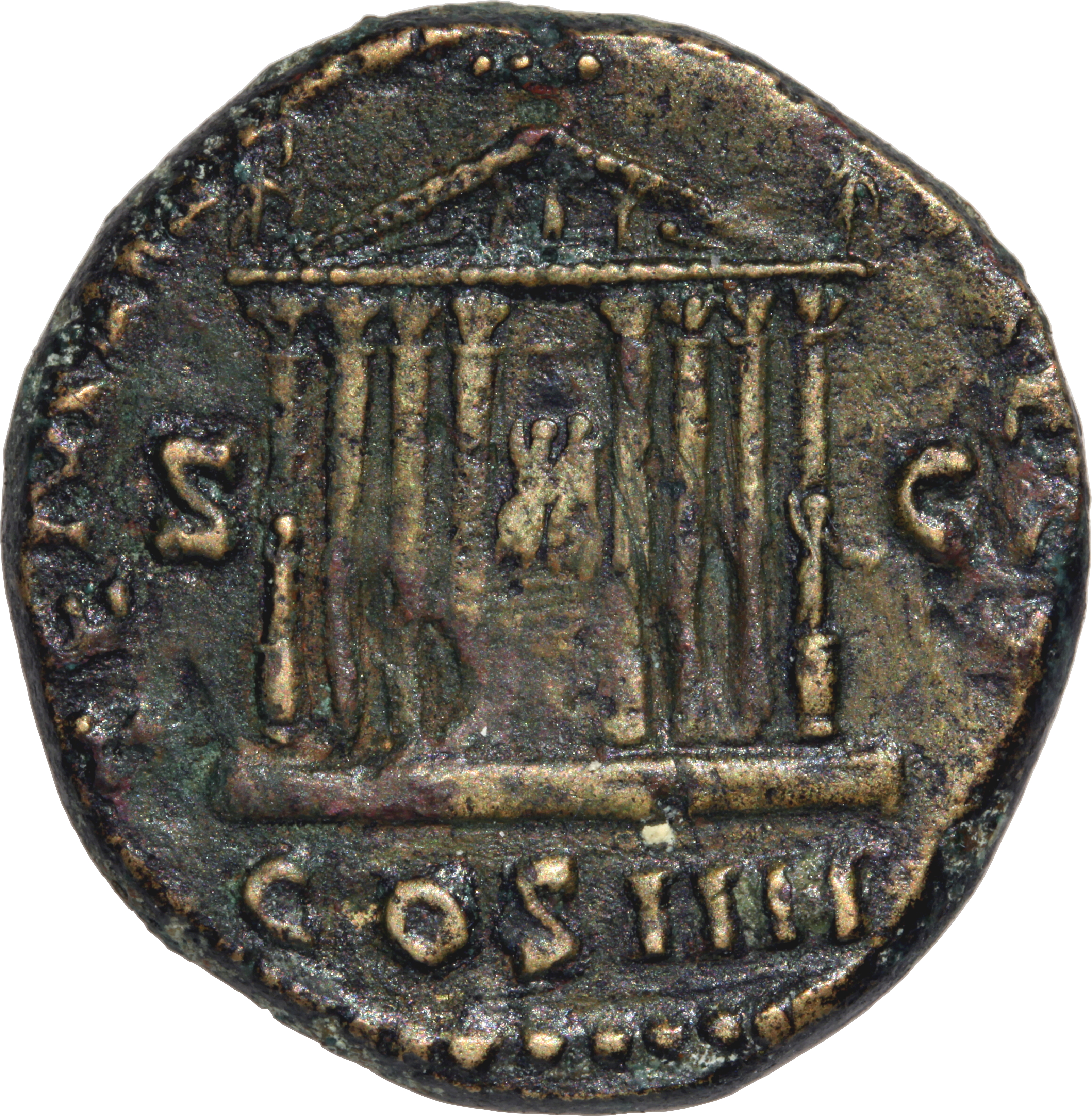 RIC III Antoninus Pius 1017 Antoninus Pius reverse — Octastyle temple, in which are seated figures of Divus Augustus and L...