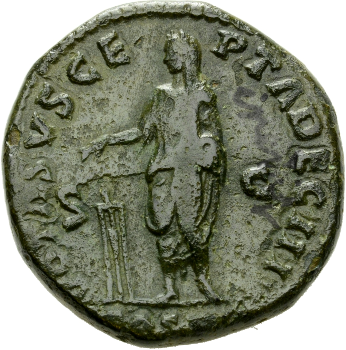 RIC III Antoninus Pius 1020 Antoninus Pius reverse, Antoninus Pius, standing left, sacrificing with patera over tripod, le...