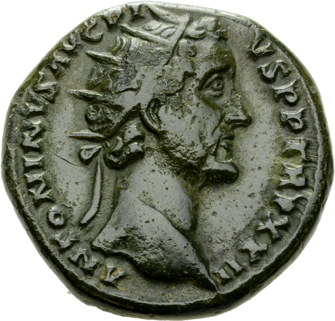 Antoninus Pius obverse — Head of Antoninus Pius, radiate, right