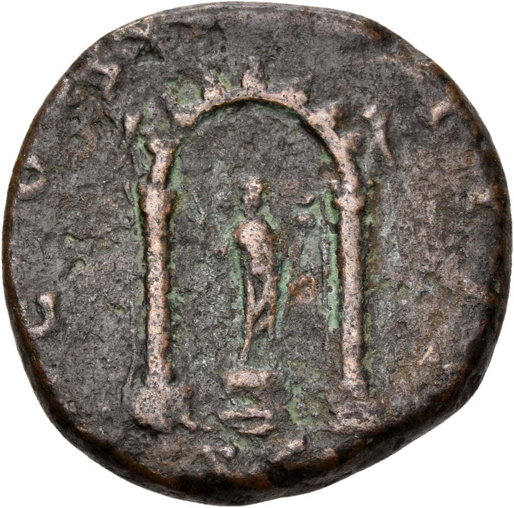 RIC III Antoninus Pius 1022A Antoninus Pius reverse, Togate figure standing, front, head left, on cippus in shrine of two ...