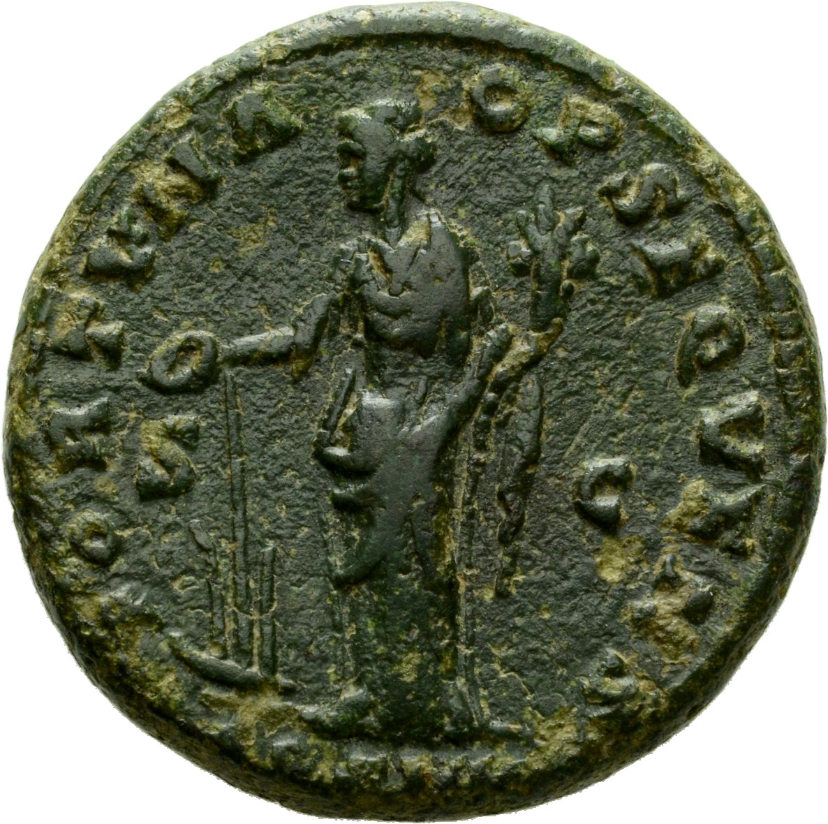 RIC III Antoninus Pius 1023 Antoninus Pius reverse, Fortuna, draped, standing left, holding rudder on prow and cornucopiae