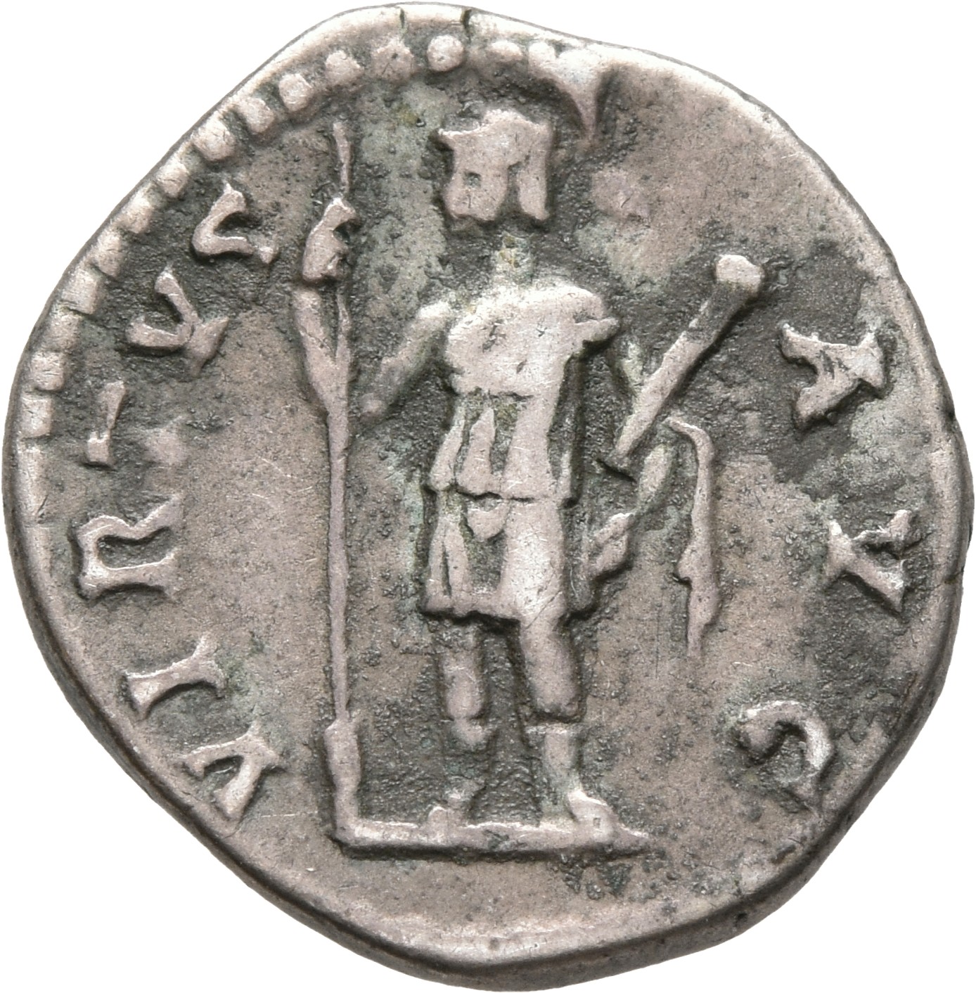RIC III Antoninus Pius 102C Antoninus Pius reverse, Virtus (or Roma), helmeted, in military dress, standing, front, head l...