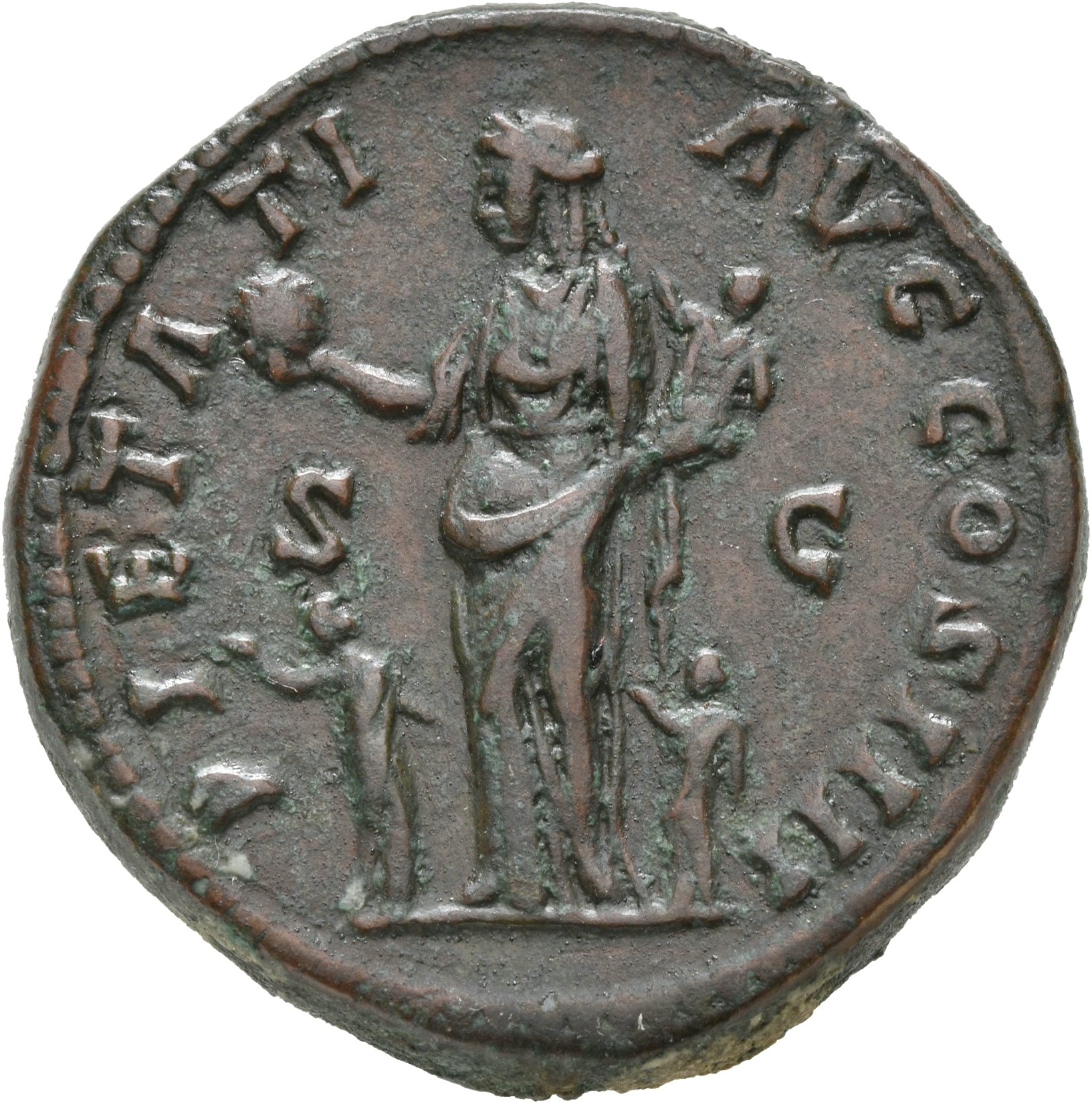 RIC III Antoninus Pius 1031 Antoninus Pius reverse, Pietas, draped, standing left, holding globe on extended right hand an...