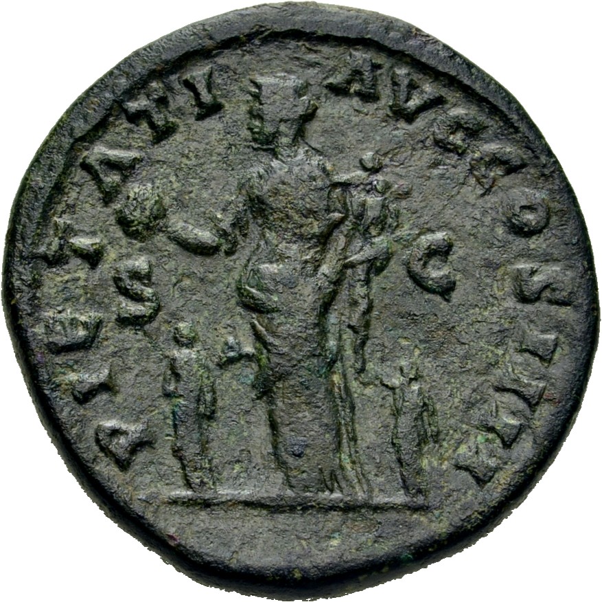 RIC III Antoninus Pius 1031 Antoninus Pius reverse — Pietas, draped, standing left, holding globe on extended right hand a...