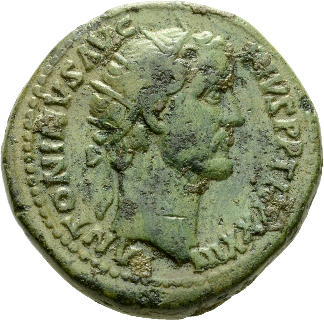 Antoninus Pius obverse — Head of Antoninus Pius, radiate, right