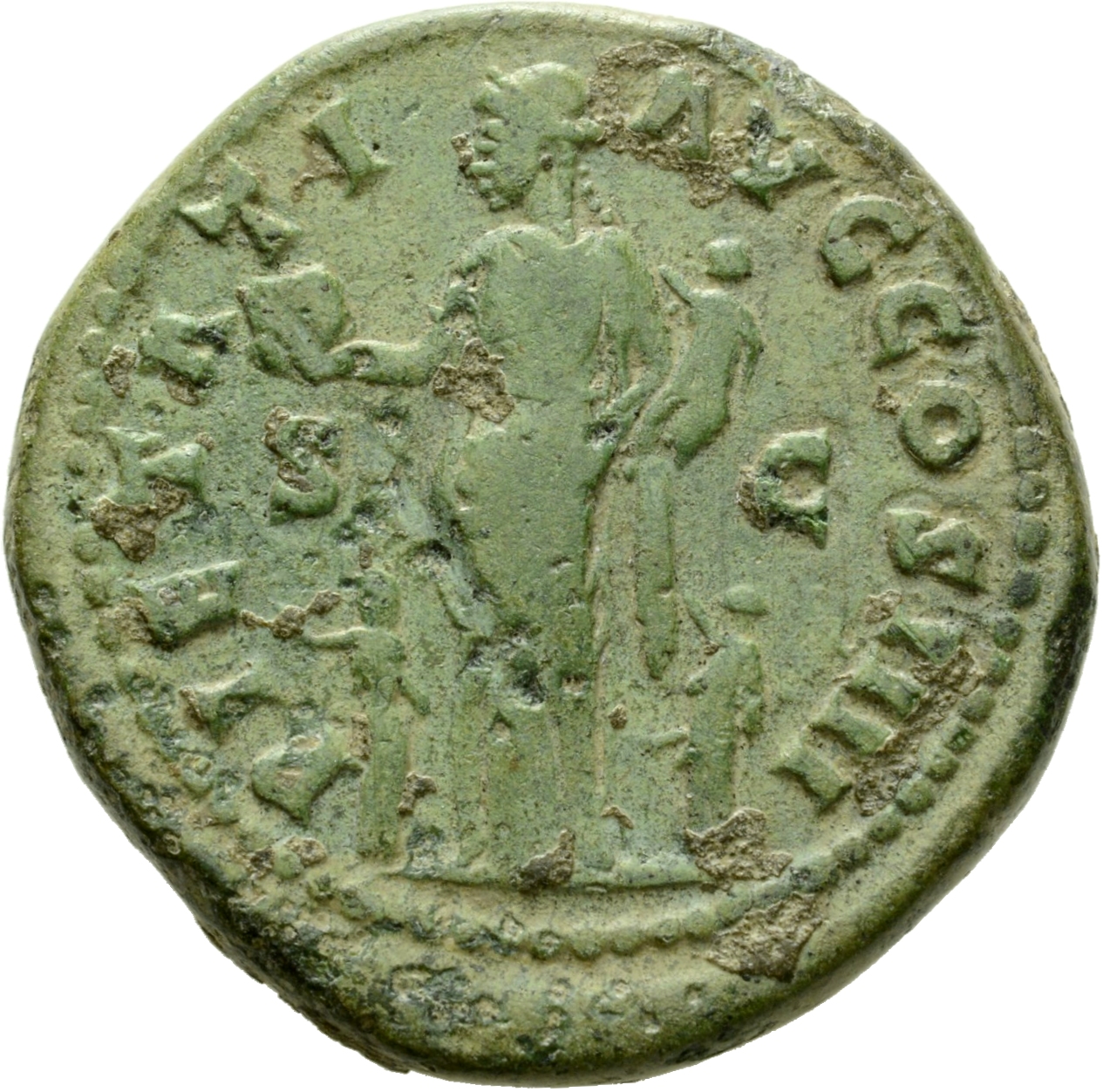 Antoninus Pius reverse — Pietas, draped, standing left, holding globe on extended right hand and child in left arm: to left and right, a small child standing, left, each raising right hand