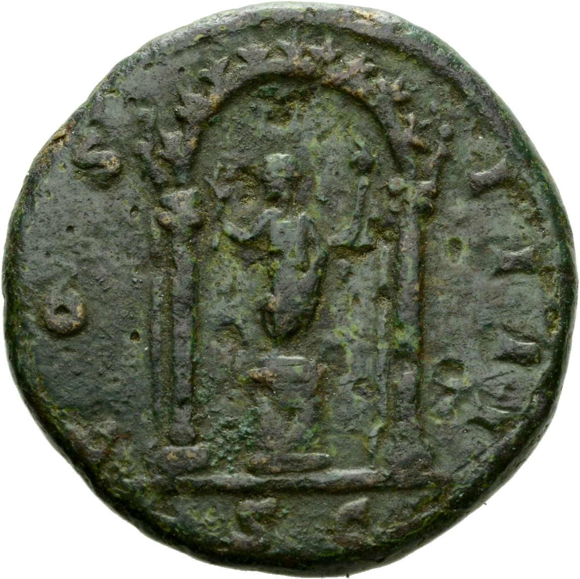 RIC III Antoninus Pius 1039 Antoninus Pius reverse, Togate figure standing, front, head left, on cippus in shrine of two a...