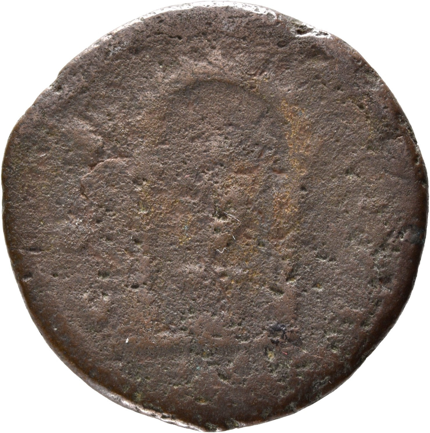 Antoninus Pius reverse — Togate figure standing, front, head left, on cippus in shrine of two arches, with semi-circular top: he extends right hand and holds vertical sceptre in left