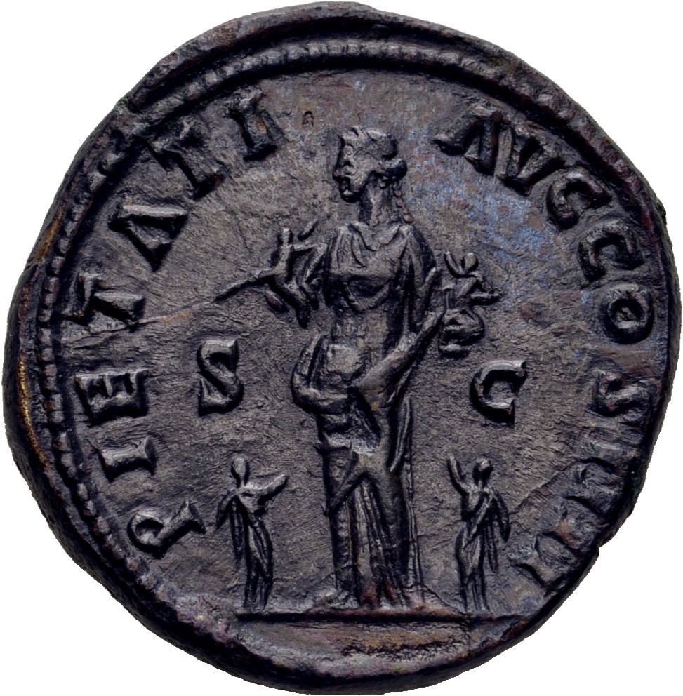 RIC III Antoninus Pius 1045 Antoninus Pius reverse, Pietas, draped, standing left, holding globe on extended right hand an...