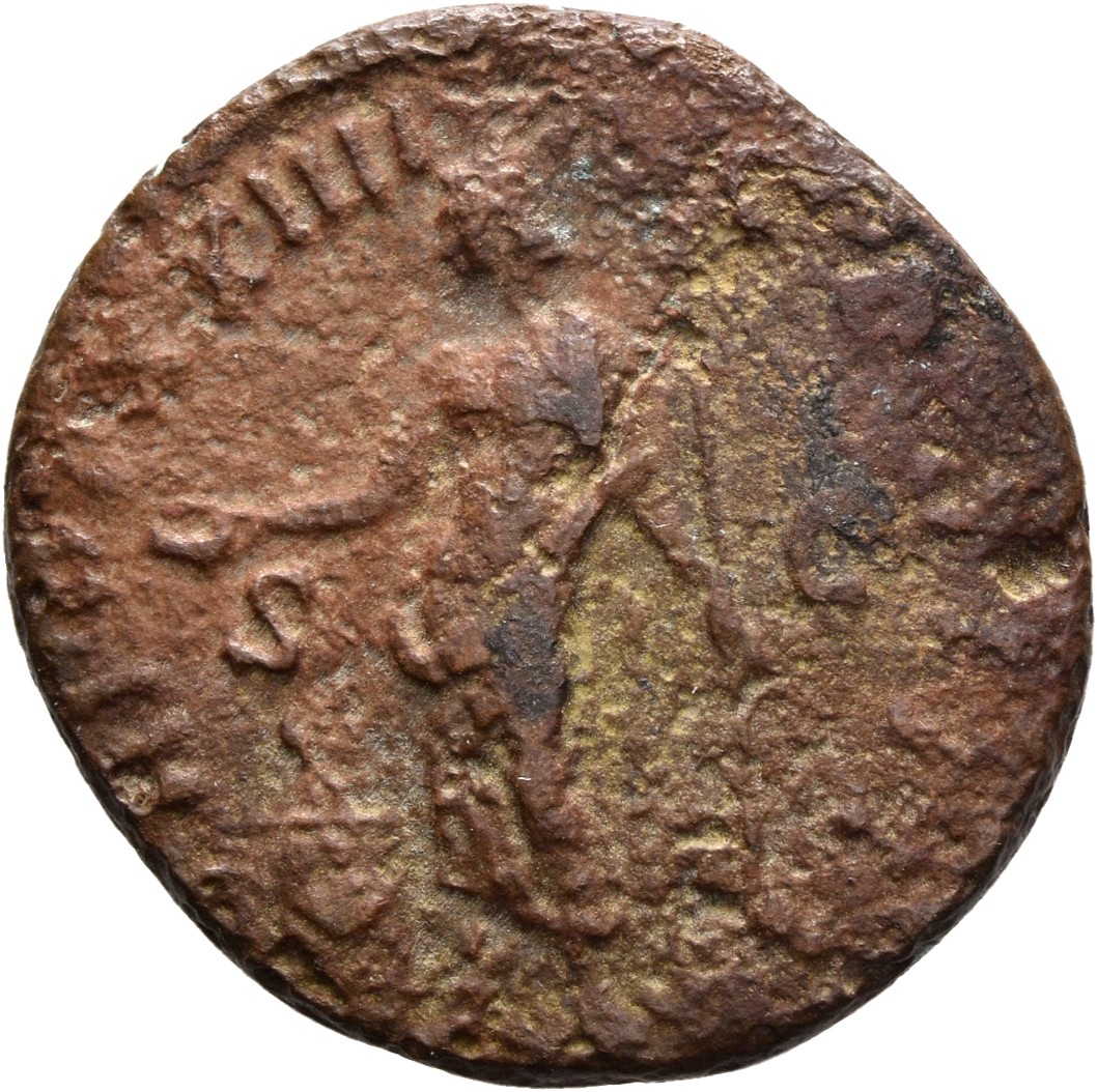 RIC III Antoninus Pius 1052 Antoninus Pius reverse, Genius, naked to waist, draped, standing left, sacrificing out of pate...