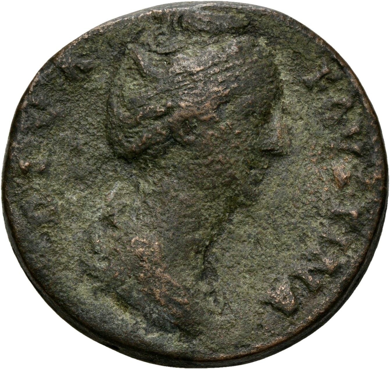 RIC III Antoninus Pius 1073a (sestertius) Antoninus Pius reverse, Bust of Faustina the Elder, draped, right