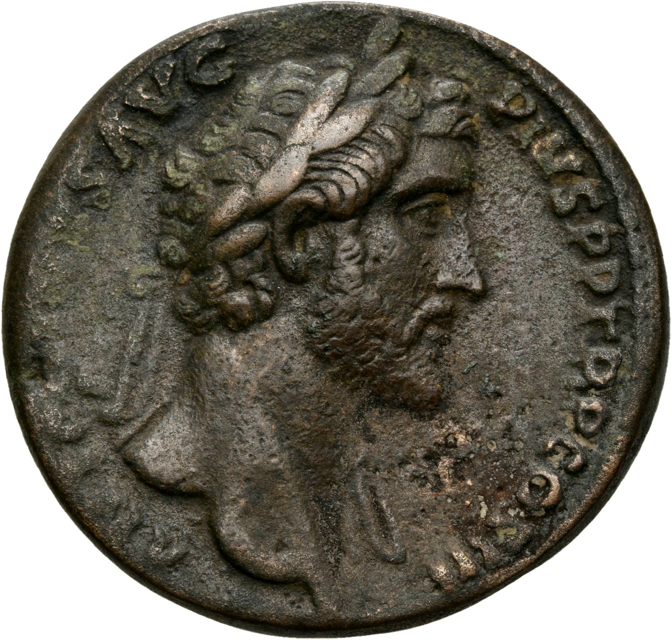 RIC III Antoninus Pius 1073a (sestertius) Antoninus Pius obverse, Head of Antoninus Pius, laureate, right