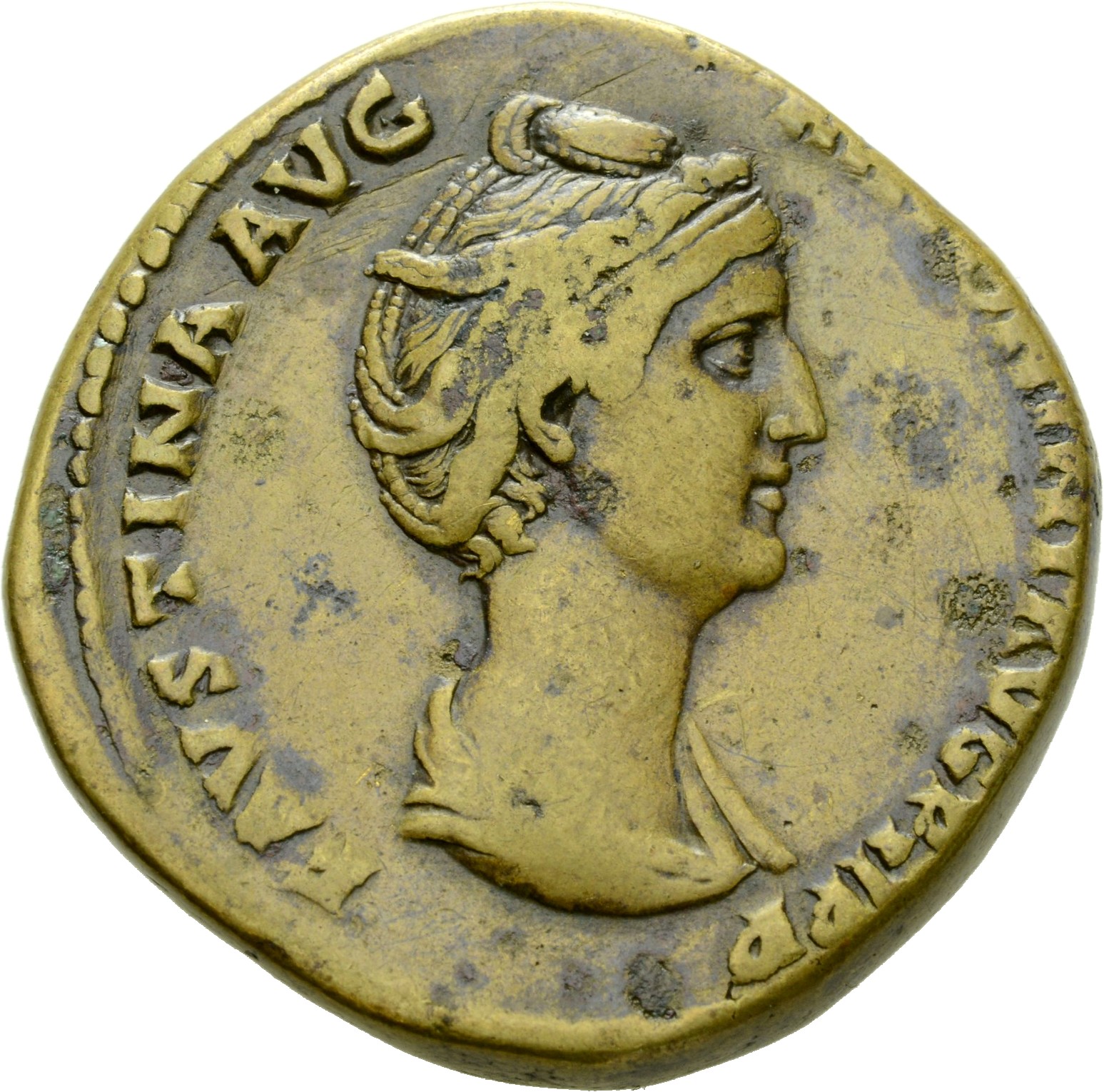 Antoninus Pius obverse — Bust of Faustina the Elder, draped, right, hair elaborately waved and coiled in bands across head and drawn up at back and piled in a round coil on top.