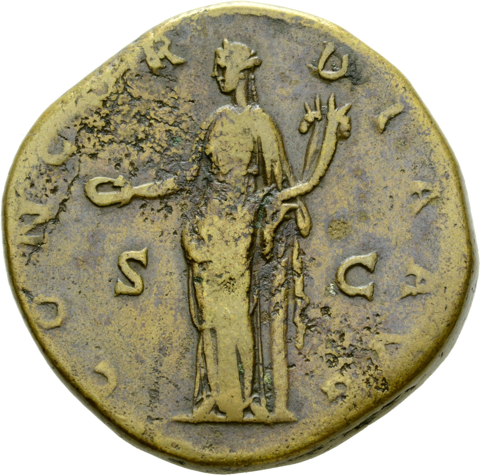 Antoninus Pius reverse — Concordia, draped, standing left, holding patera in extended right hand and double cornucopiae in left hand; left elbow rests on column.