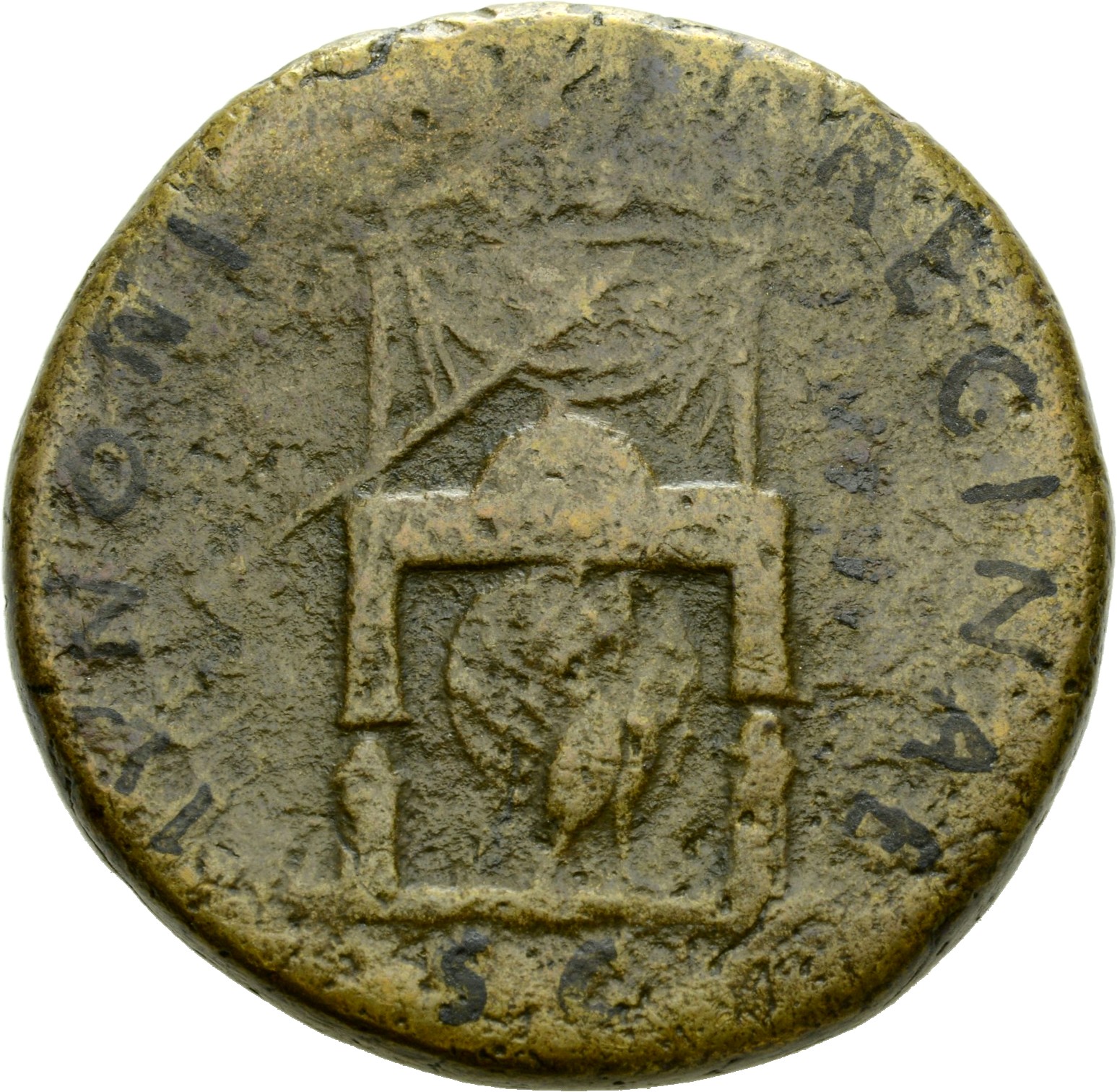 RIC III Antoninus Pius 1079 Antoninus Pius reverse, Throne, ornamented and draped: below, peacock, with tail spread, stand...