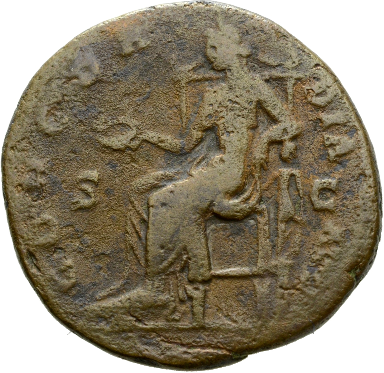 RIC III Antoninus Pius 1086 (as) Antoninus Pius reverse, Concordia, seated left, holding patera and resting elbow on figur...