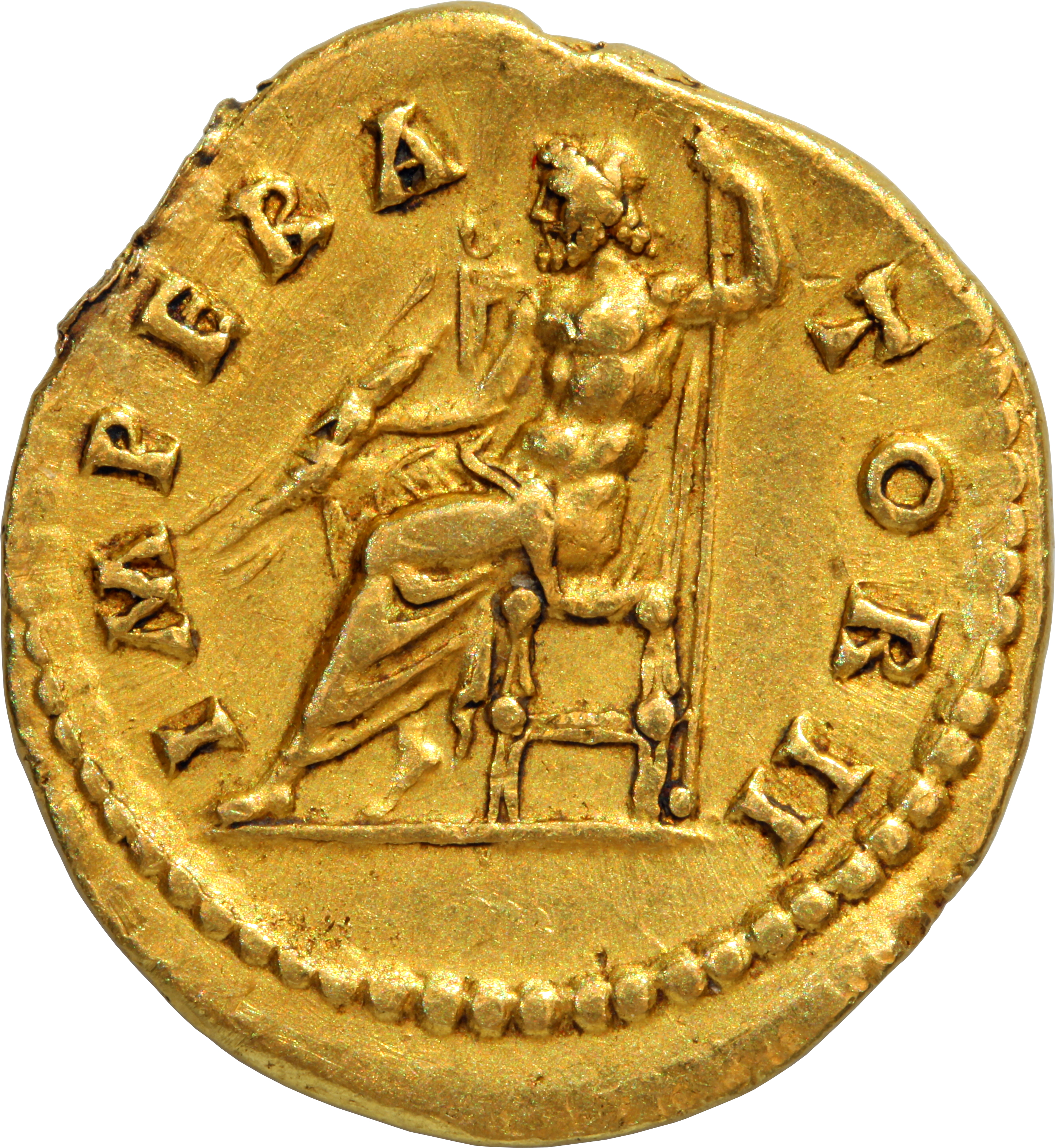 RIC III Antoninus Pius 108A Antoninus Pius reverse — Jupiter, naked to waist, seated on throne, left, holding thunderbolt ...