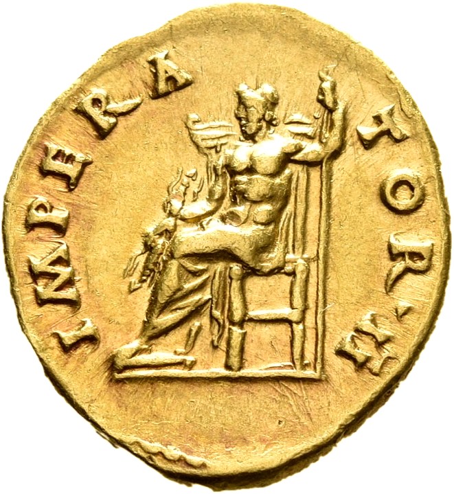 RIC III Antoninus Pius 108C Antoninus Pius reverse, Jupiter, naked to waist, seated on throne, left, holding thunderbolt i...