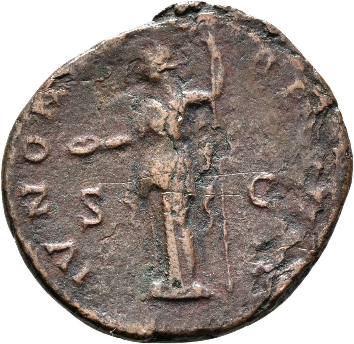 RIC III Antoninus Pius 1090 (as) Antoninus Pius reverse — Juno, standing left, holding patera and sceptre