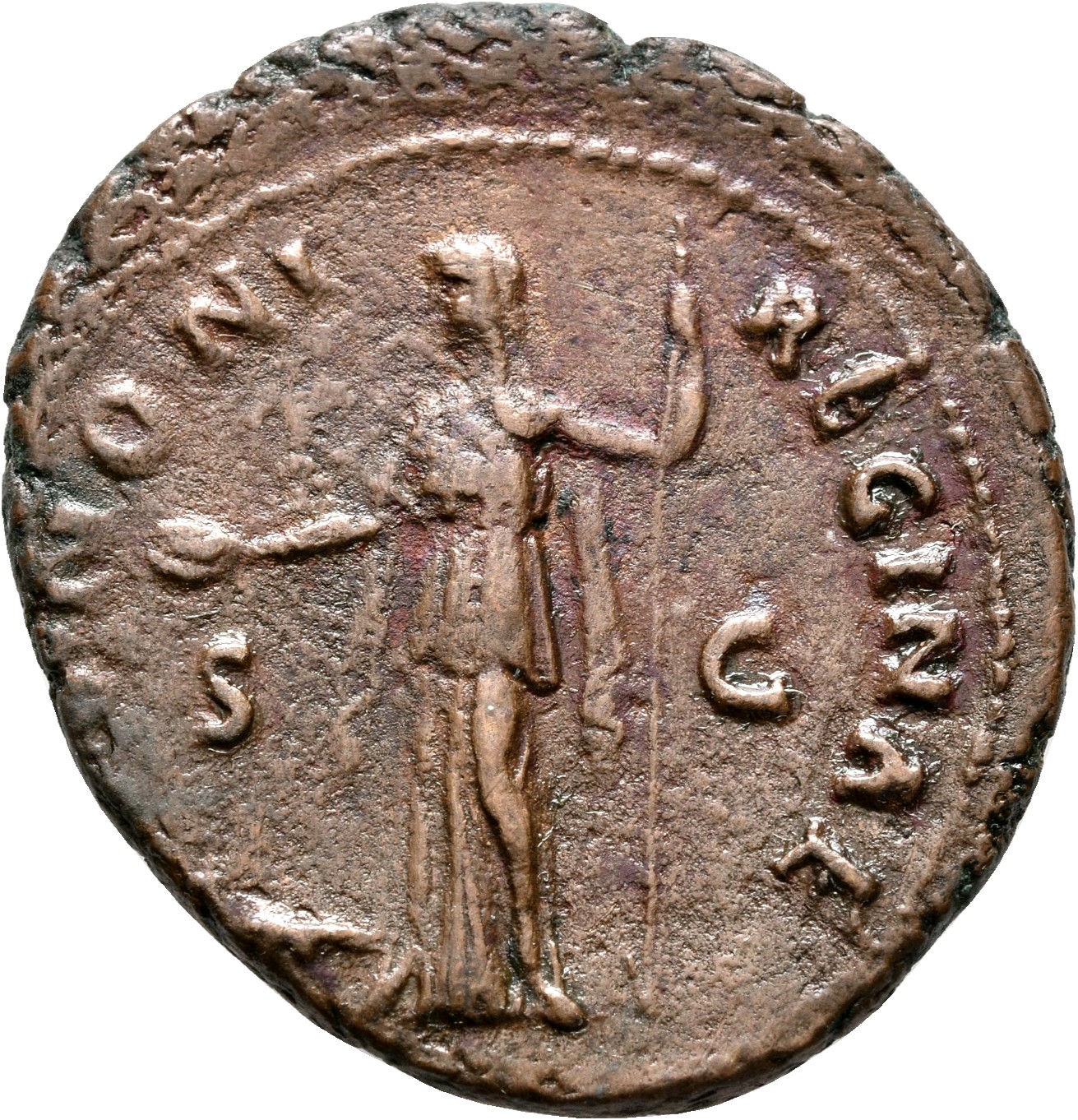 RIC III Antoninus Pius 1091 (as) Antoninus Pius reverse, Juno, draped, standing, left, holding patera in extended right ha...