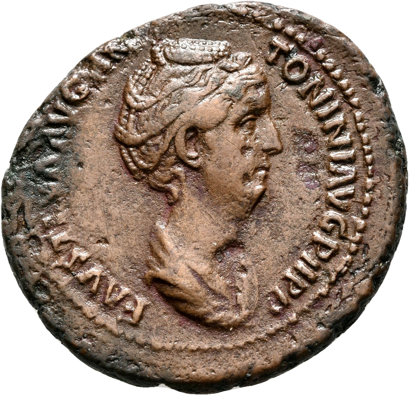 RIC III Antoninus Pius 1091 (as) Antoninus Pius obverse, Bust of Faustina the Elder, draped, right, hair elaborately waved...