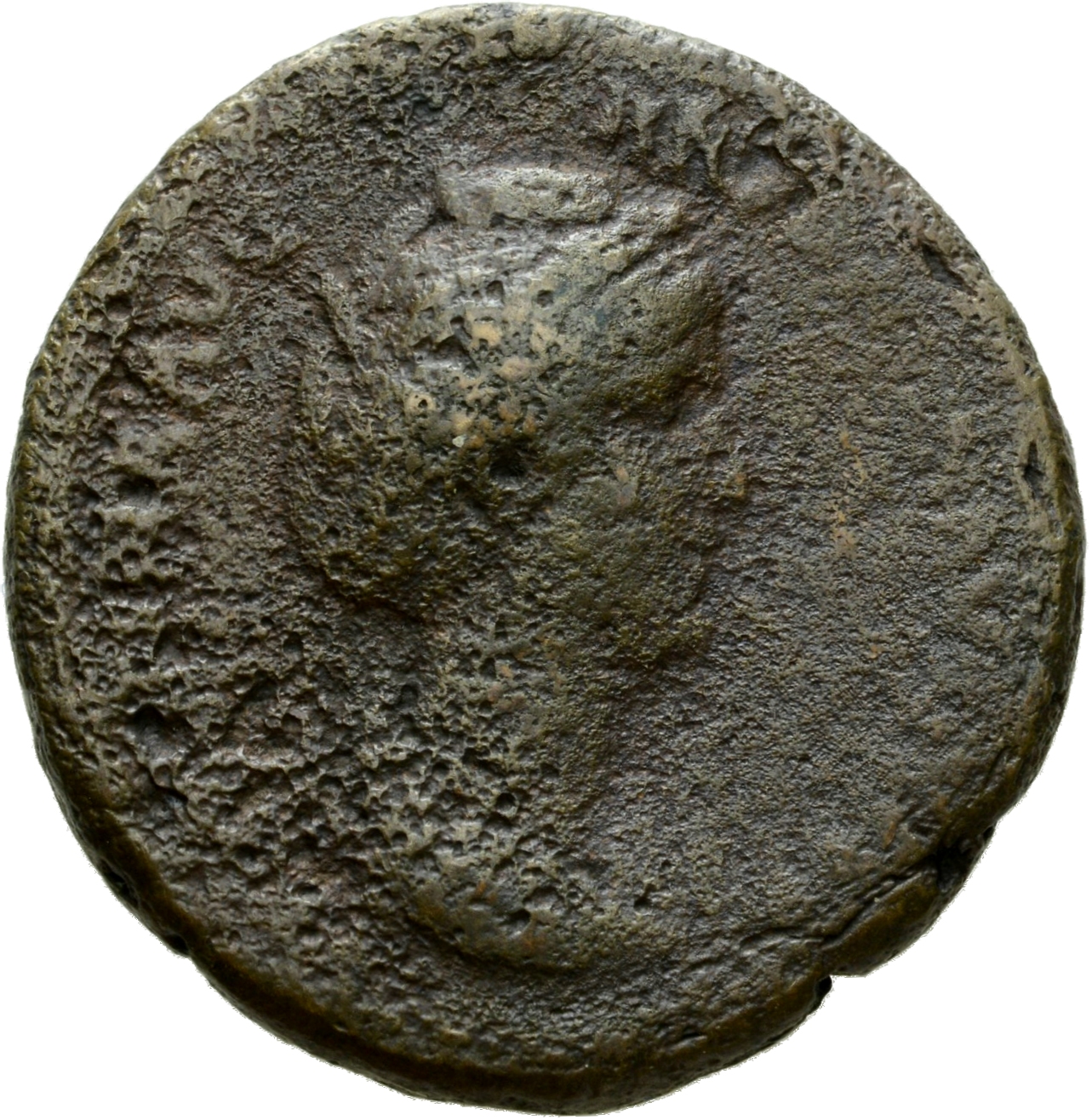 Antoninus Pius obverse — Bust of Faustina the Elder, draped, right, hair elaborately waved and coiled in bands across head and drawn up at back and piled in a round coil on top.