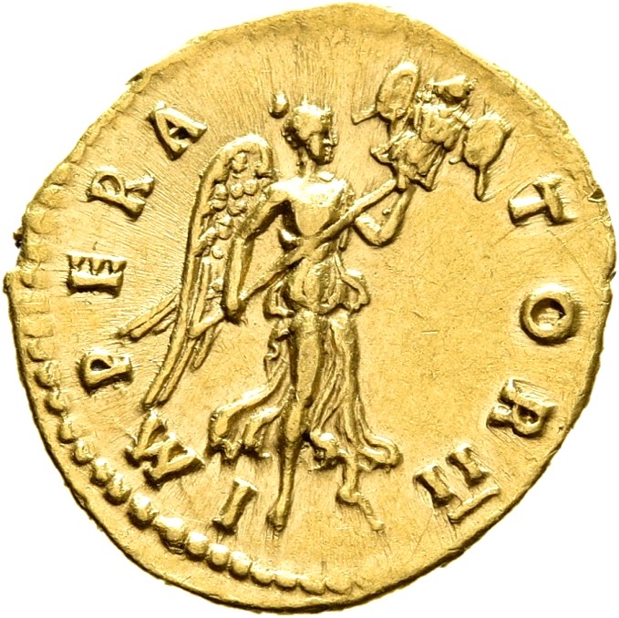 RIC III Antoninus Pius 109C Antoninus Pius reverse, Victory, winged, draped, soaring right, holding trophy in both hands.