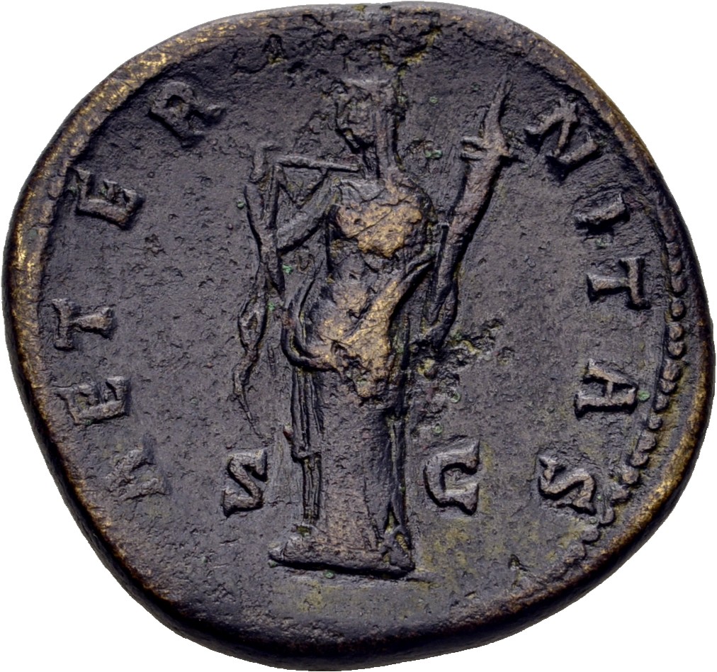 RIC III Antoninus Pius 1101 Antoninus Pius reverse, Ceres, veiled, draped, standing left, holding plough and torch
