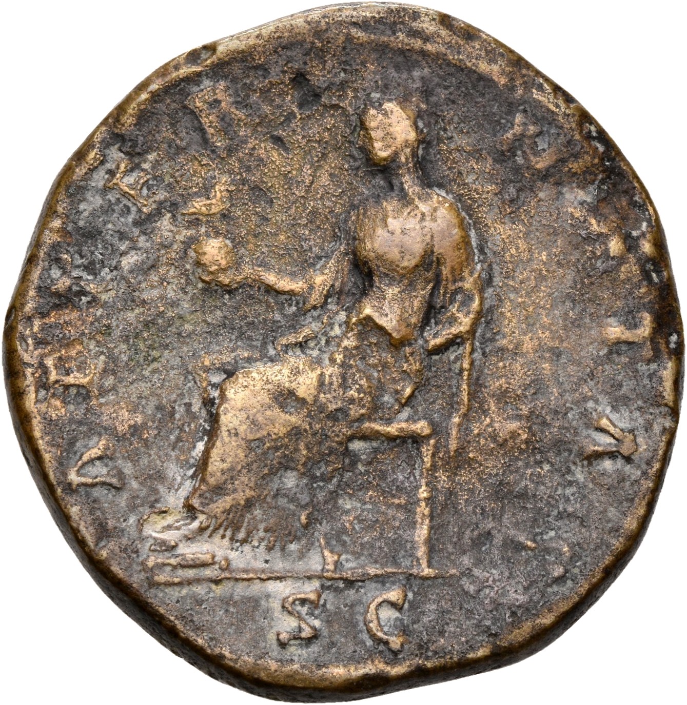 RIC III Antoninus Pius 1103 Antoninus Pius reverse, Aeternitas, draped, seated left on throne, holding phoenix on globe on...