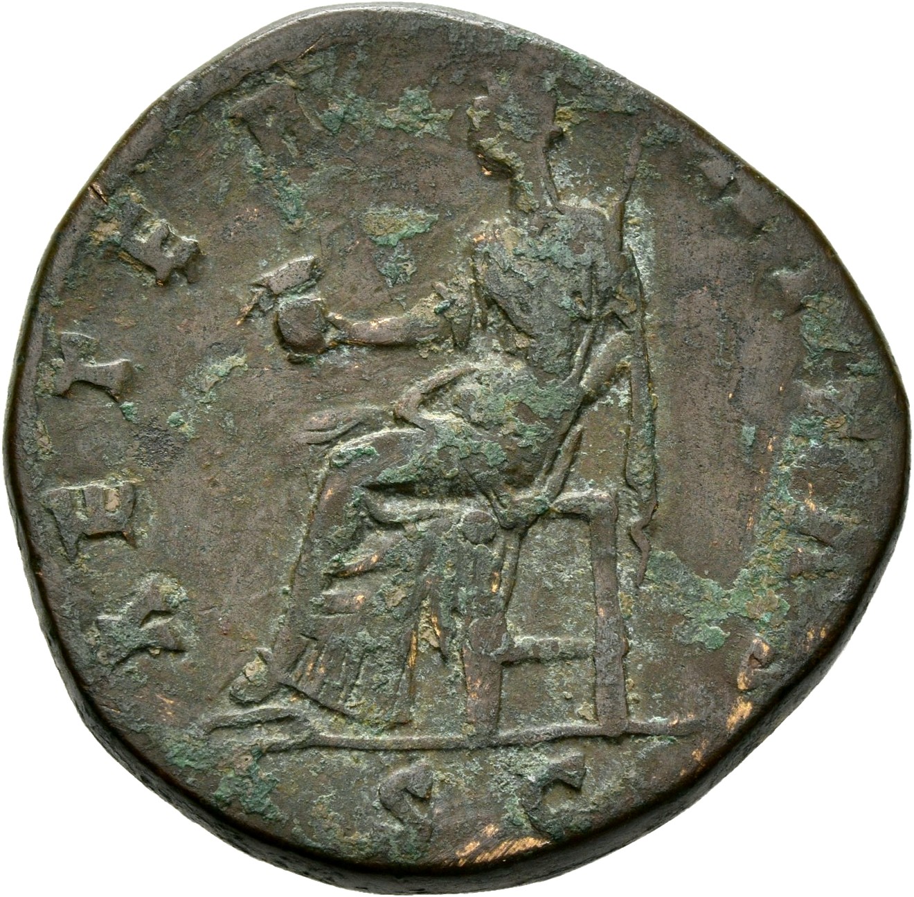 RIC III Antoninus Pius 1103 Antoninus Pius reverse, Aeternitas, draped, seated left on throne, holding phoenix on globe on...