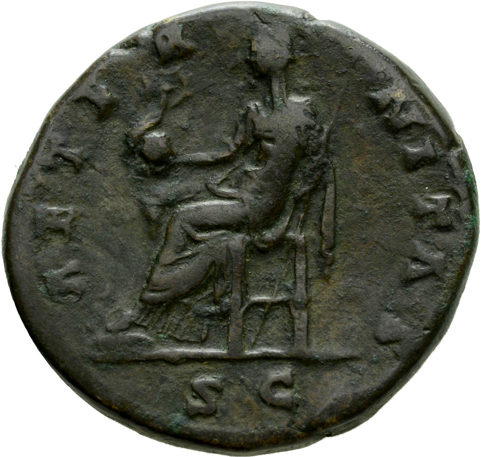 RIC III Antoninus Pius 1103B Antoninus Pius reverse, Aeternitas, draped, seated, left on low seat, holding phoenix on glob...