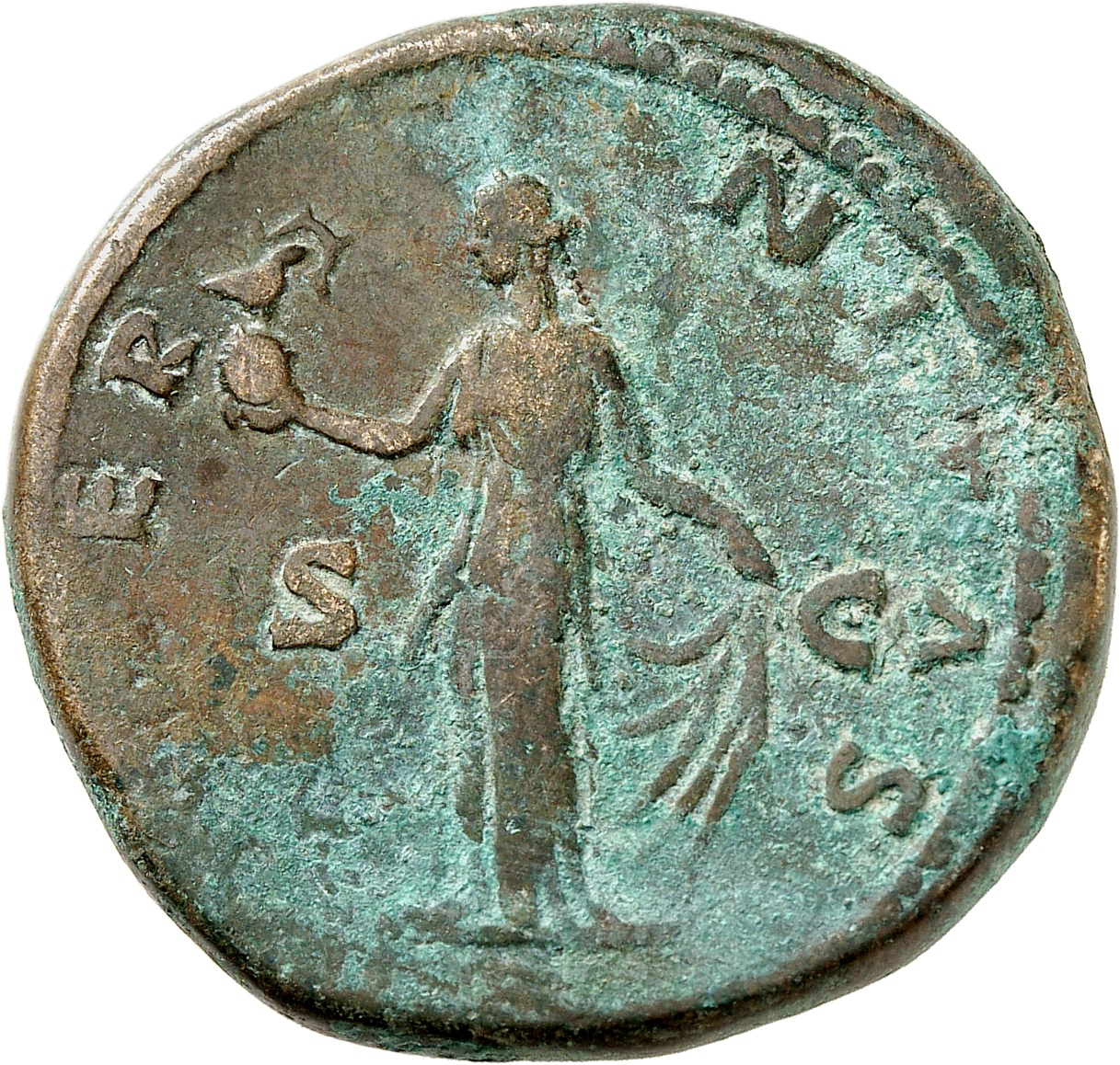 RIC III Antoninus Pius 1105a Antoninus Pius reverse, Aeternitas, draped, standing left, holding phoenix (nimbate right) on...