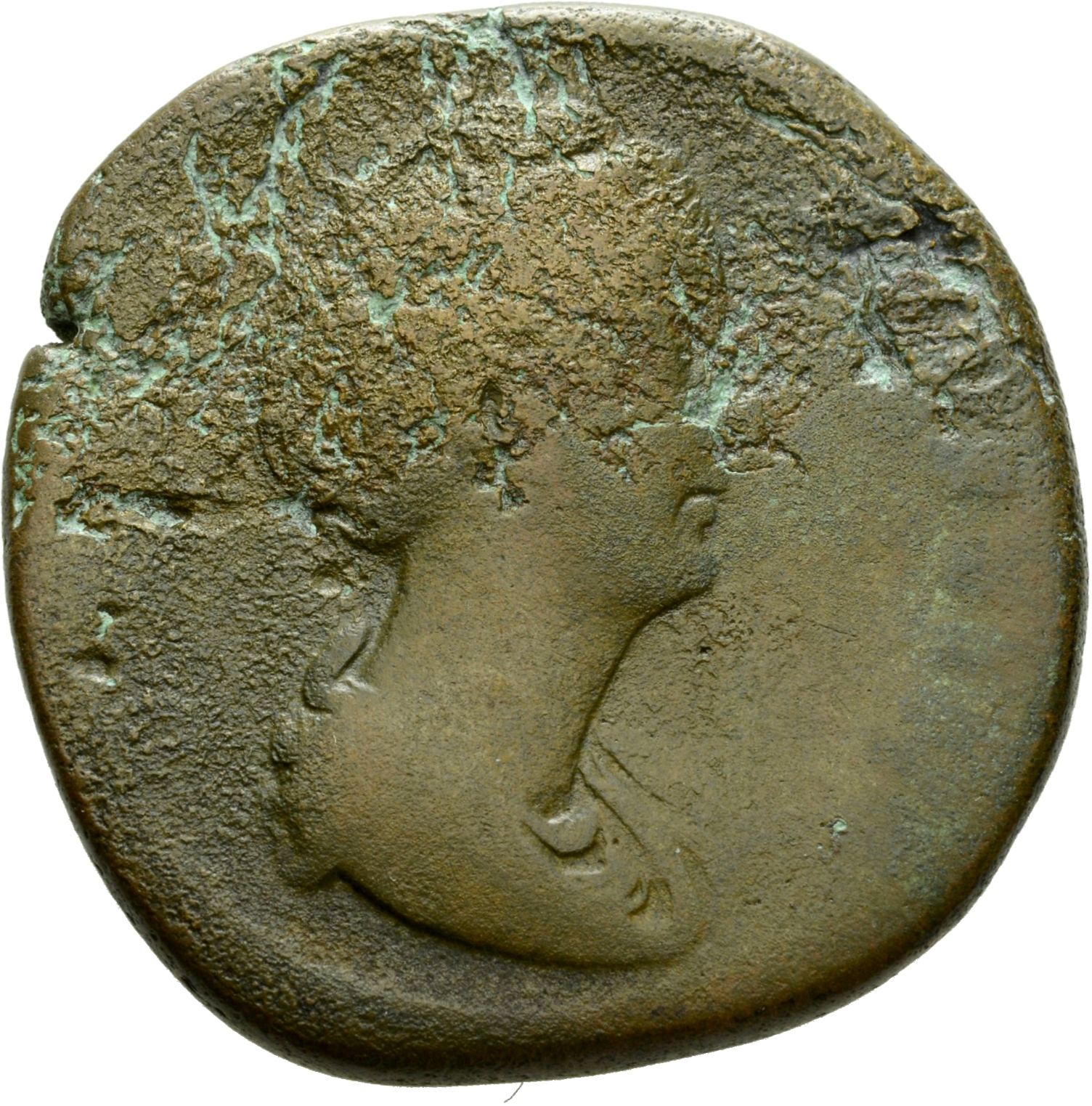 Antoninus Pius obverse — Bust of Faustina the Elder, draped, right, hair elaborately waved and coiled in bands across head and drawn up at back and piled in a round coil on top.