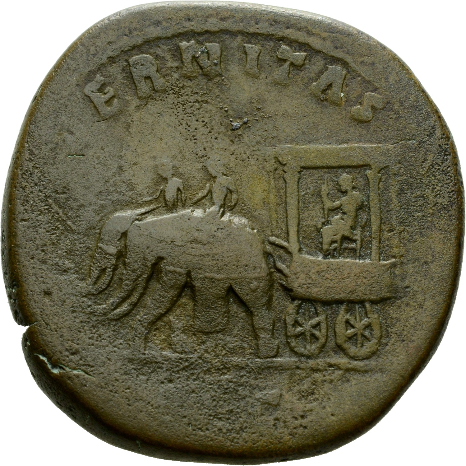 Antoninus Pius reverse — Faustina the Elder, veiled, draped, seated, left on throne in car, drawn by two elephants, driven left, by mahouts: she holds vertical sceptre in right hand and rests left hand on knee.