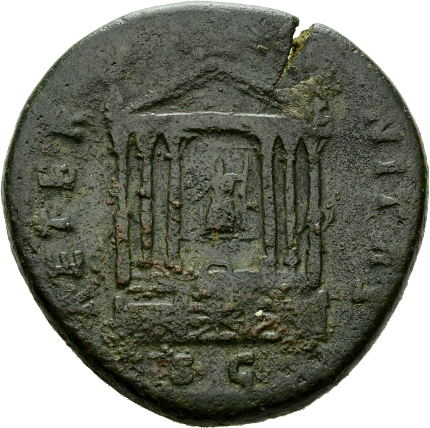 RIC III Antoninus Pius 1115a Antoninus Pius reverse, Hexastyle temple, in which is seated figure of Faustina the Elder