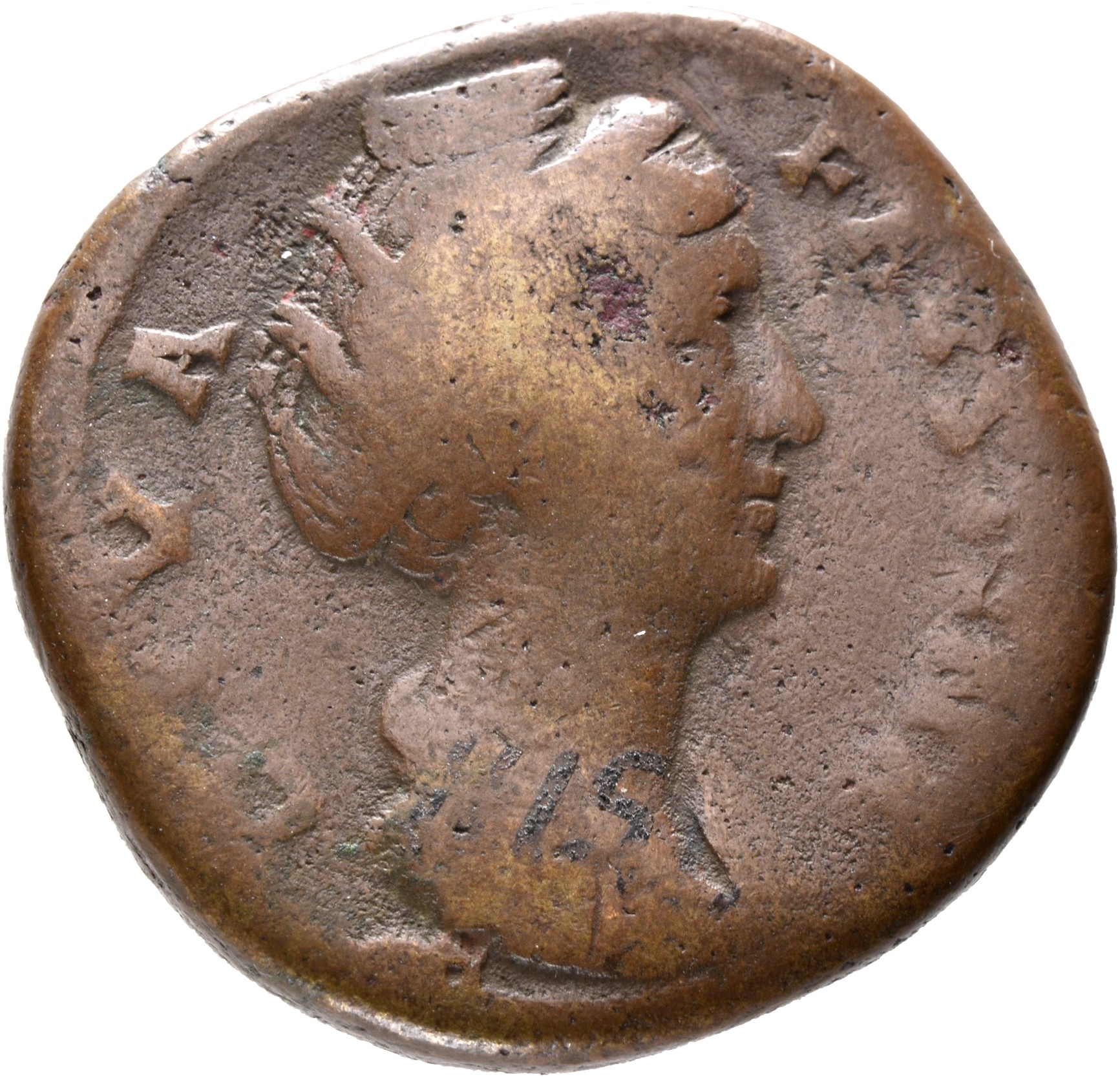 Antoninus Pius obverse — Bust of Faustina the Elder, draped, right, hair elaborately waved and coiled in bands across head and drawn up at back and piled in a round coil on top.