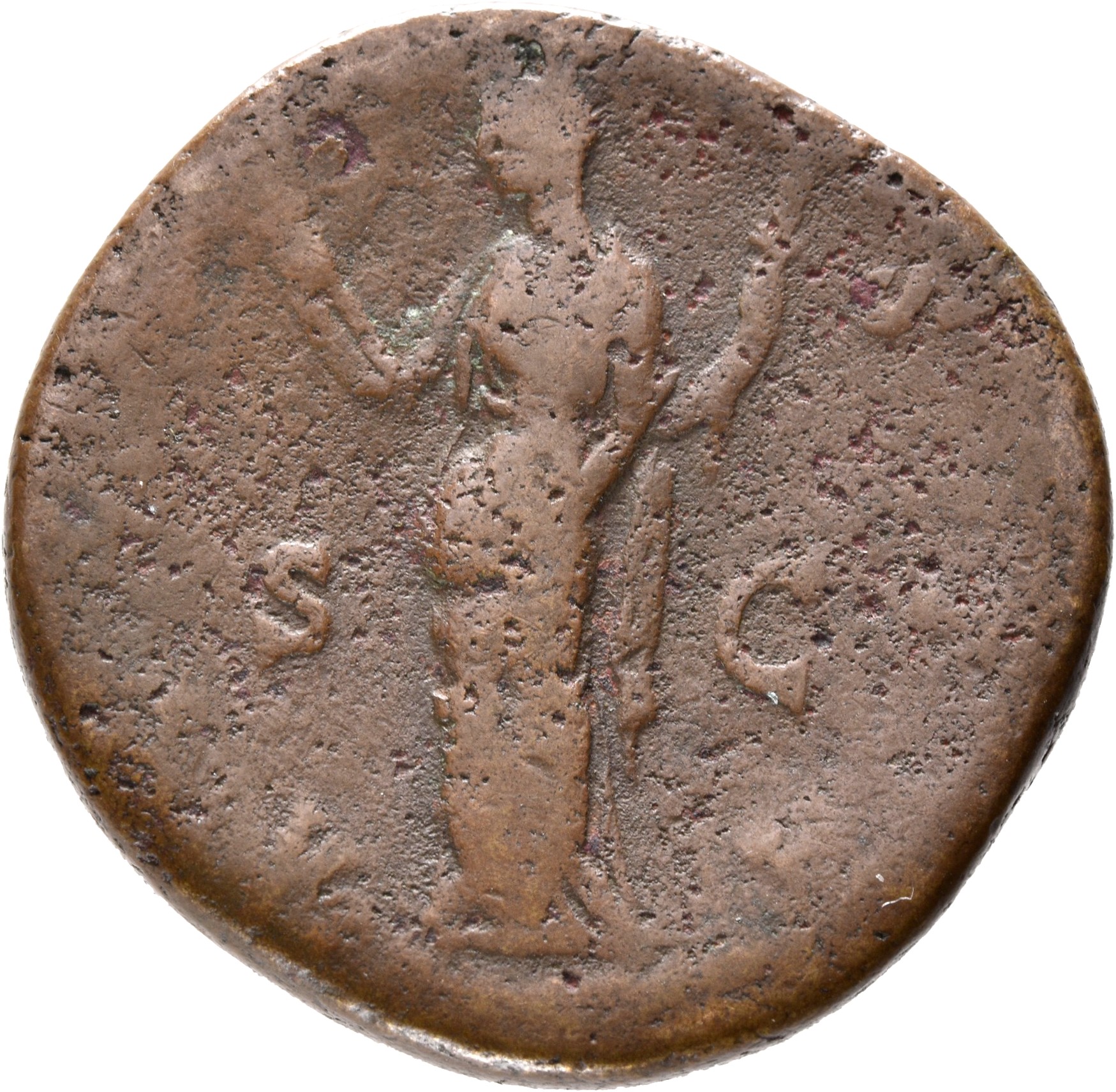 Antoninus Pius reverse — Ceres, veiled, draped, standing left, holding up short torch in each hand.