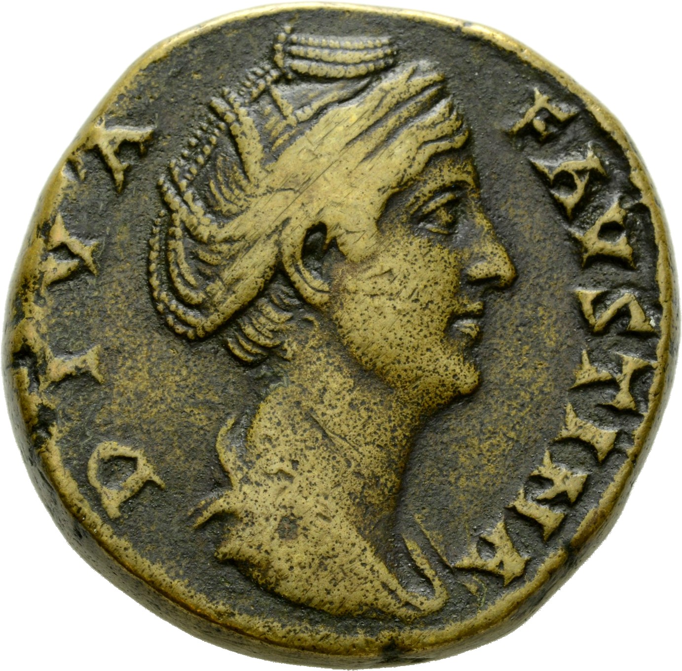 Antoninus Pius obverse — Bust of Faustina the Elder, draped, right, hair elaborately waved and coiled in bands across head and drawn up at back and piled in a round coil on top.