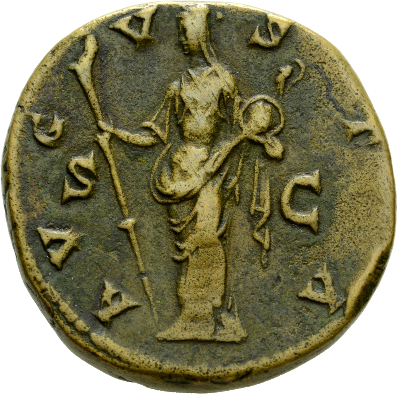 Antoninus Pius reverse — Vesta, veiled, draped, standing left, holding long torch, slightly inclined to left and palladium, held at left shoulder, in left hand.