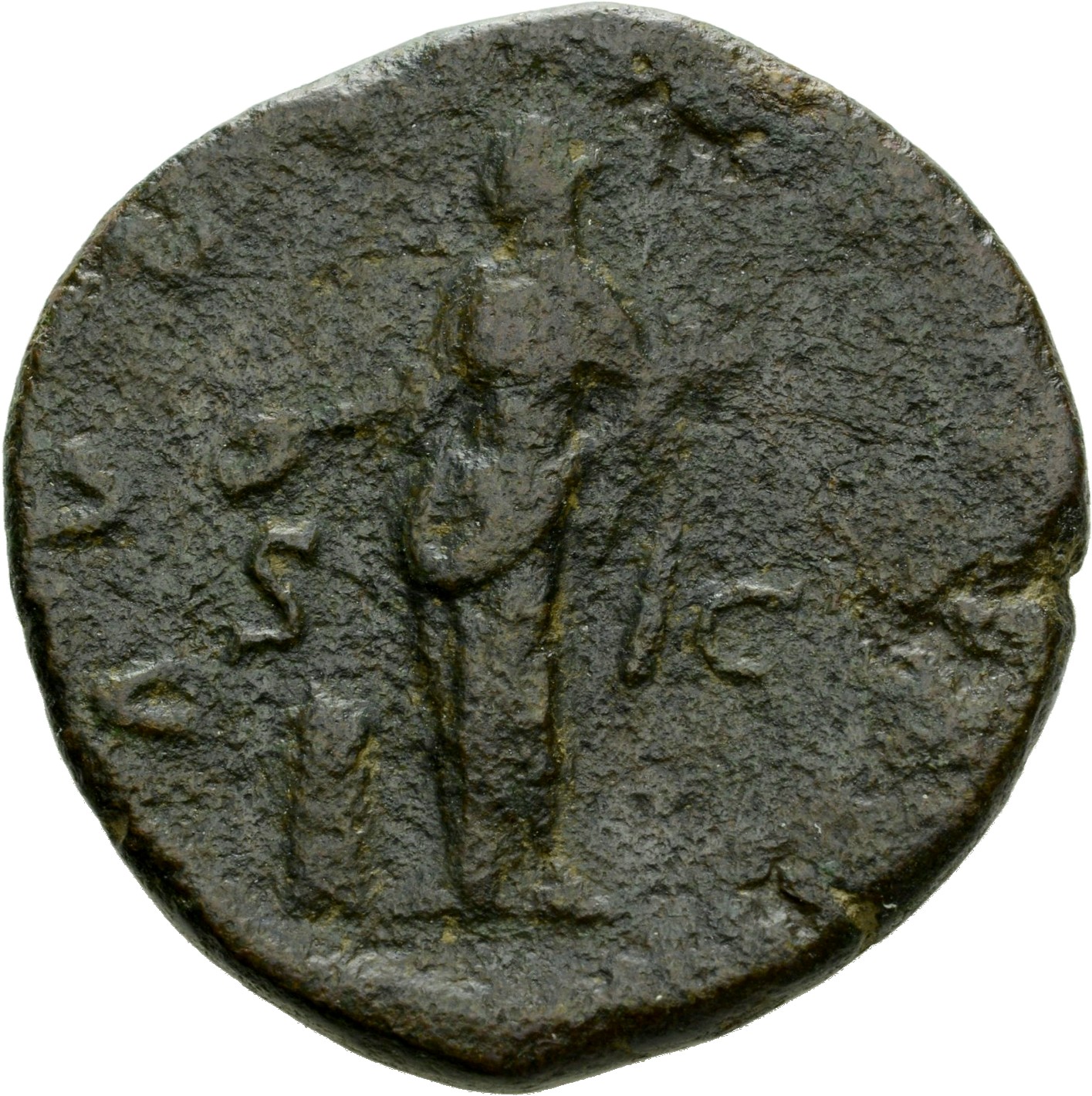 RIC III Antoninus Pius 1126 Antoninus Pius reverse, Vesta, draped, standing left, with patera in right hand sacrificing ov...