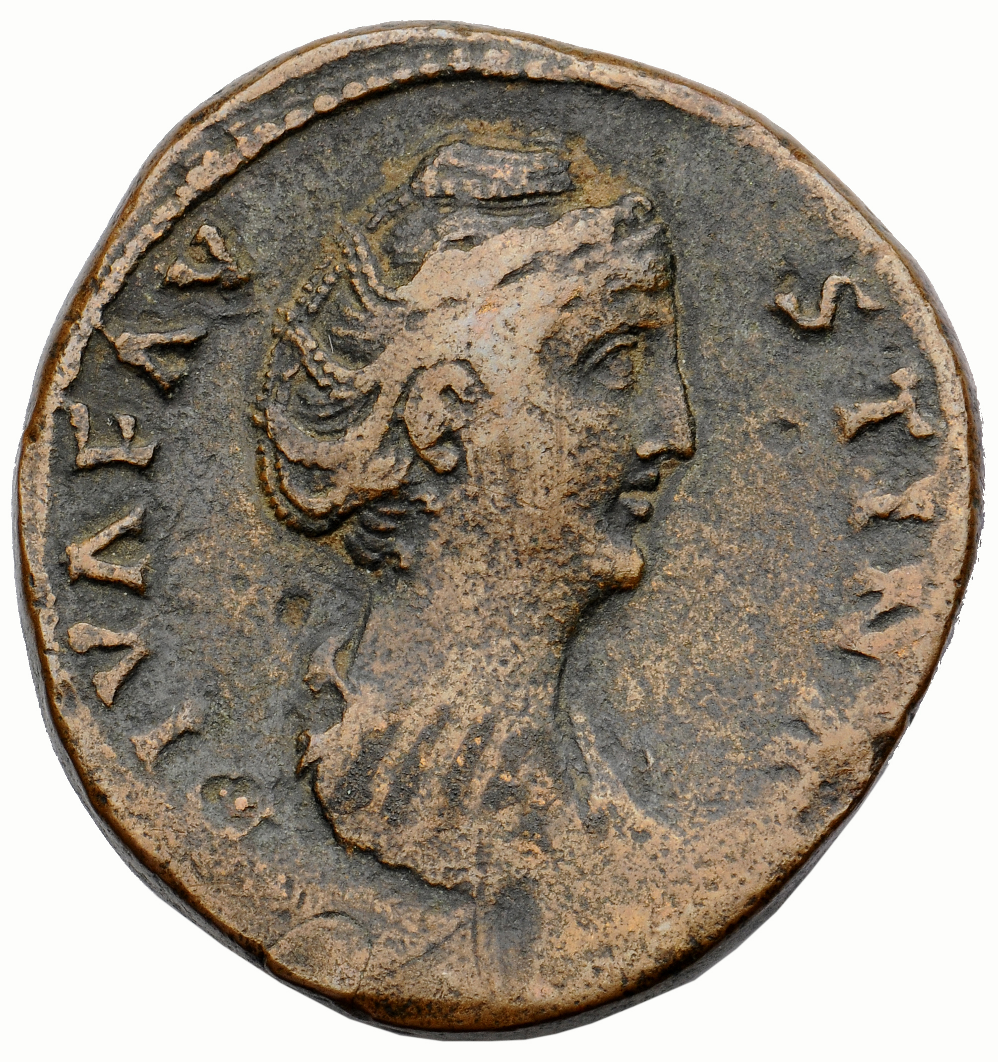 Antoninus Pius obverse — Bust of Faustina the Elder, draped, right, hair elaborately waved and coiled in bands across head and drawn up at back and piled in a round coil on top.
