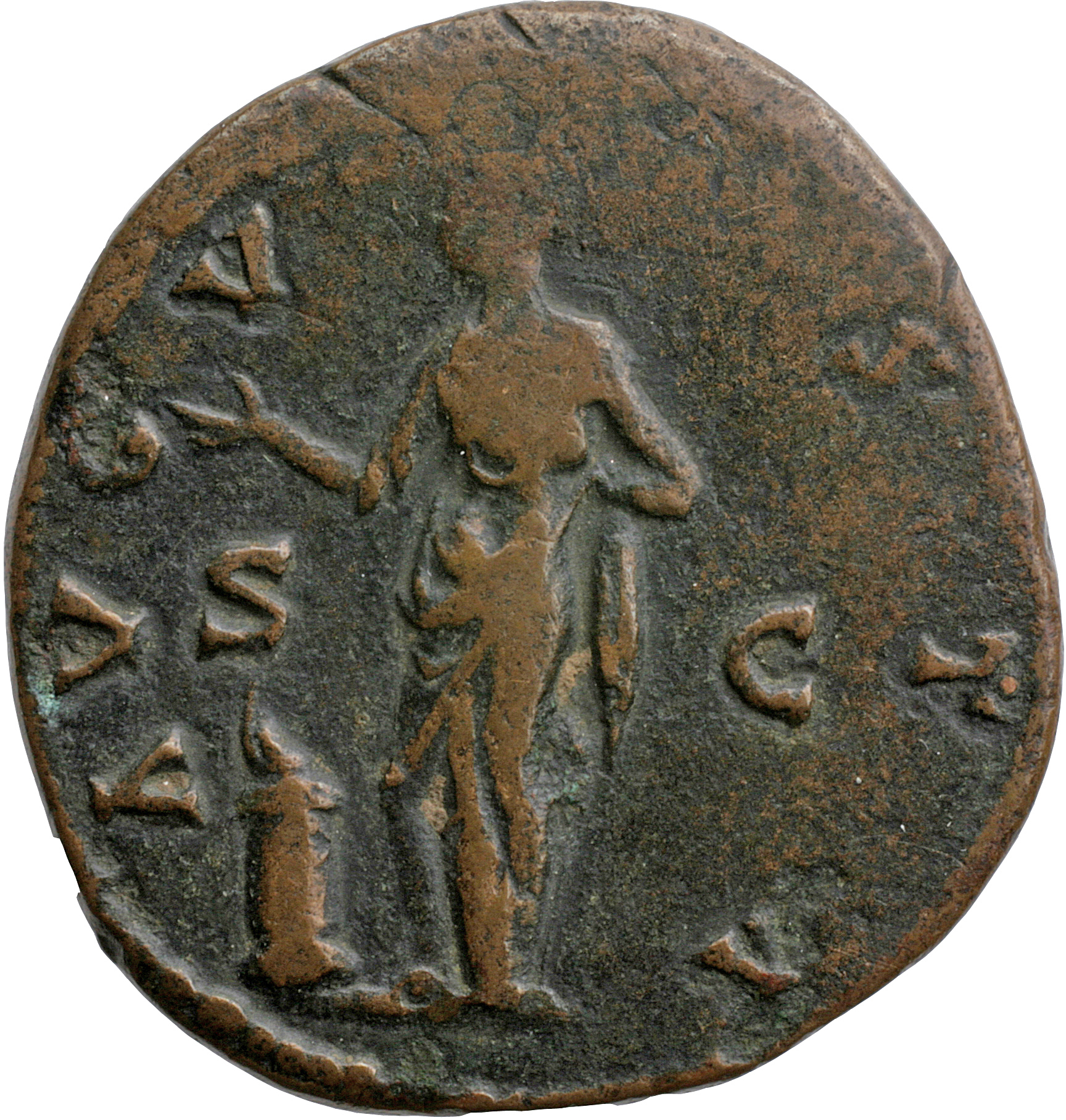 Antoninus Pius reverse — Pietas, veiled, draped, standing left, raising right hand above lighted altar left and holding box in left hand.